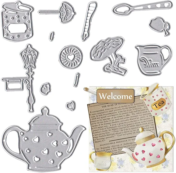 Teapot Umbrella Metal Cutting Dies for Card Making, Tableware Tea Time Die Cuts Tea Set Dies Embossing Stencil Template Tool for DIY Scrapbooking Paper Card and Photo Album Craft Decoration