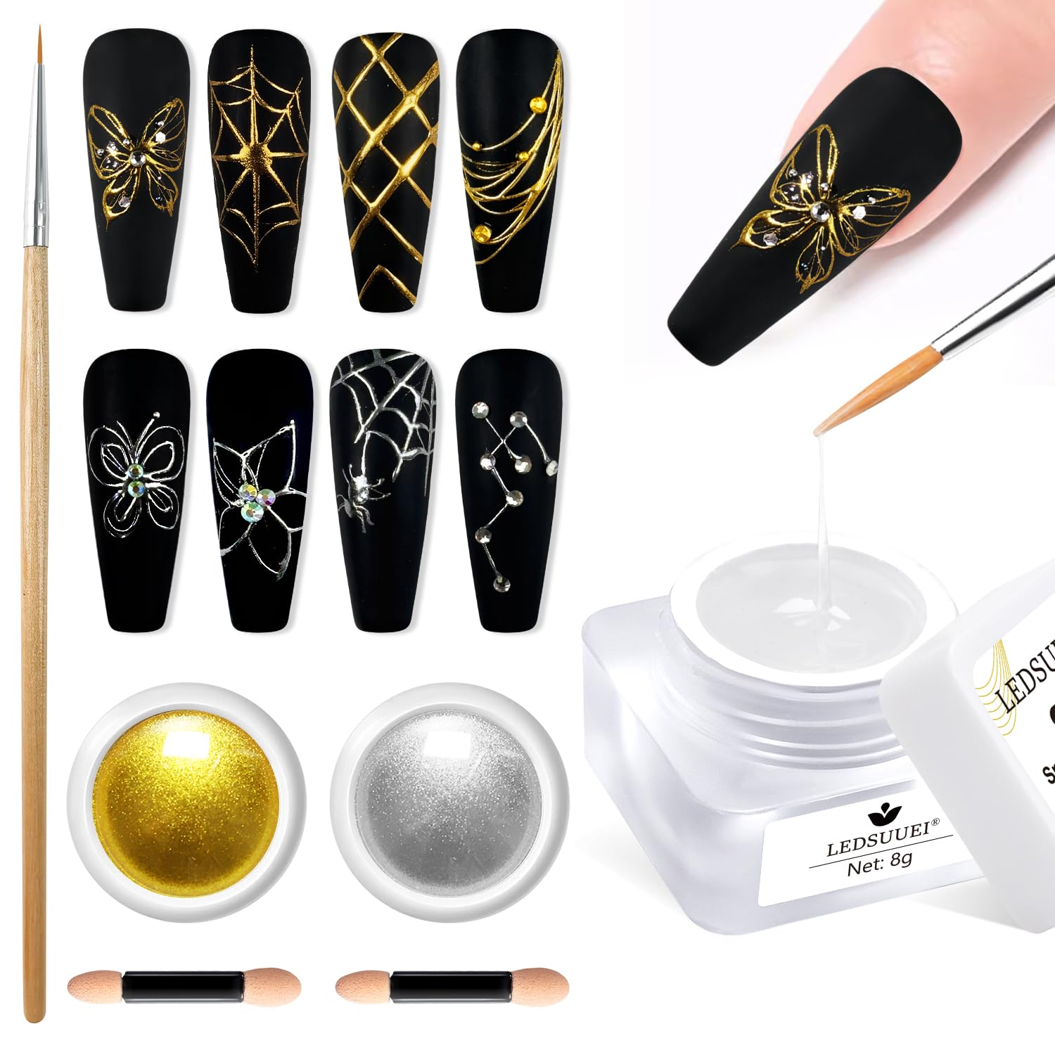 Gold Silver Spider Gel Set: gel nero e bianco ragno per nail art soak off gel LED UV gel smalto per unghie design 001