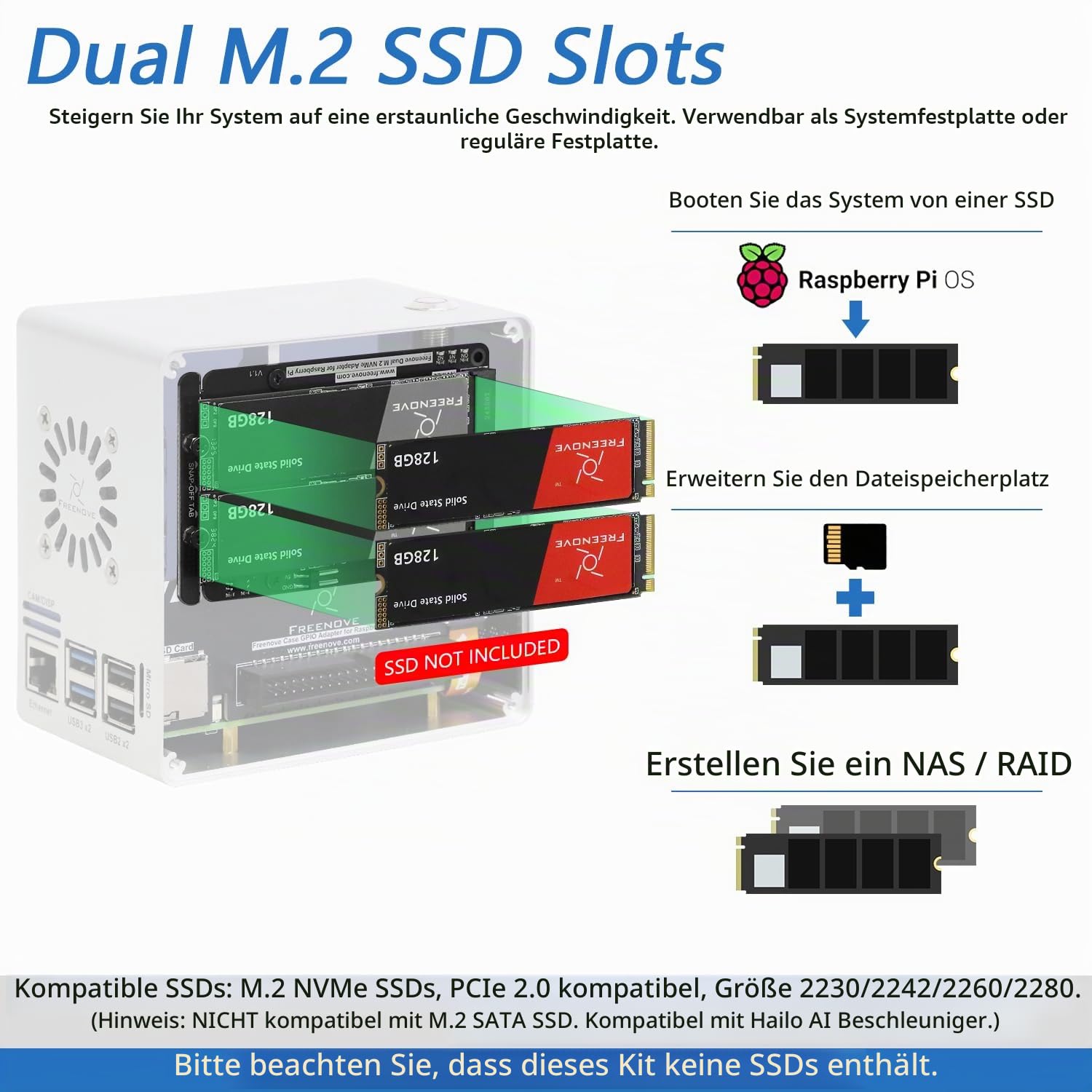 FREENOVE Mini Case for Raspberry Pi 5 (NOT Included), Dual M.2 NVMe SSD Slots, PWM ARGB Fans Light Sync, CPU Tower Cooler, Power Button with Indicator Light, Setup Software