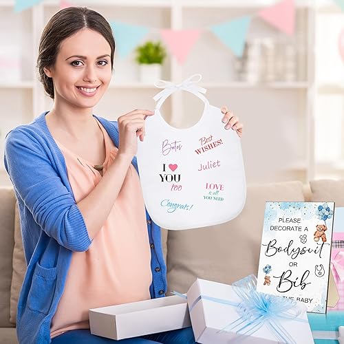 Miniatura 7 de 35 piezas de juegos de baby shower, diseño de baberos de bebé, letrero de madera para baby shower, letrero de bricolaje, 15 baberos blancos en
