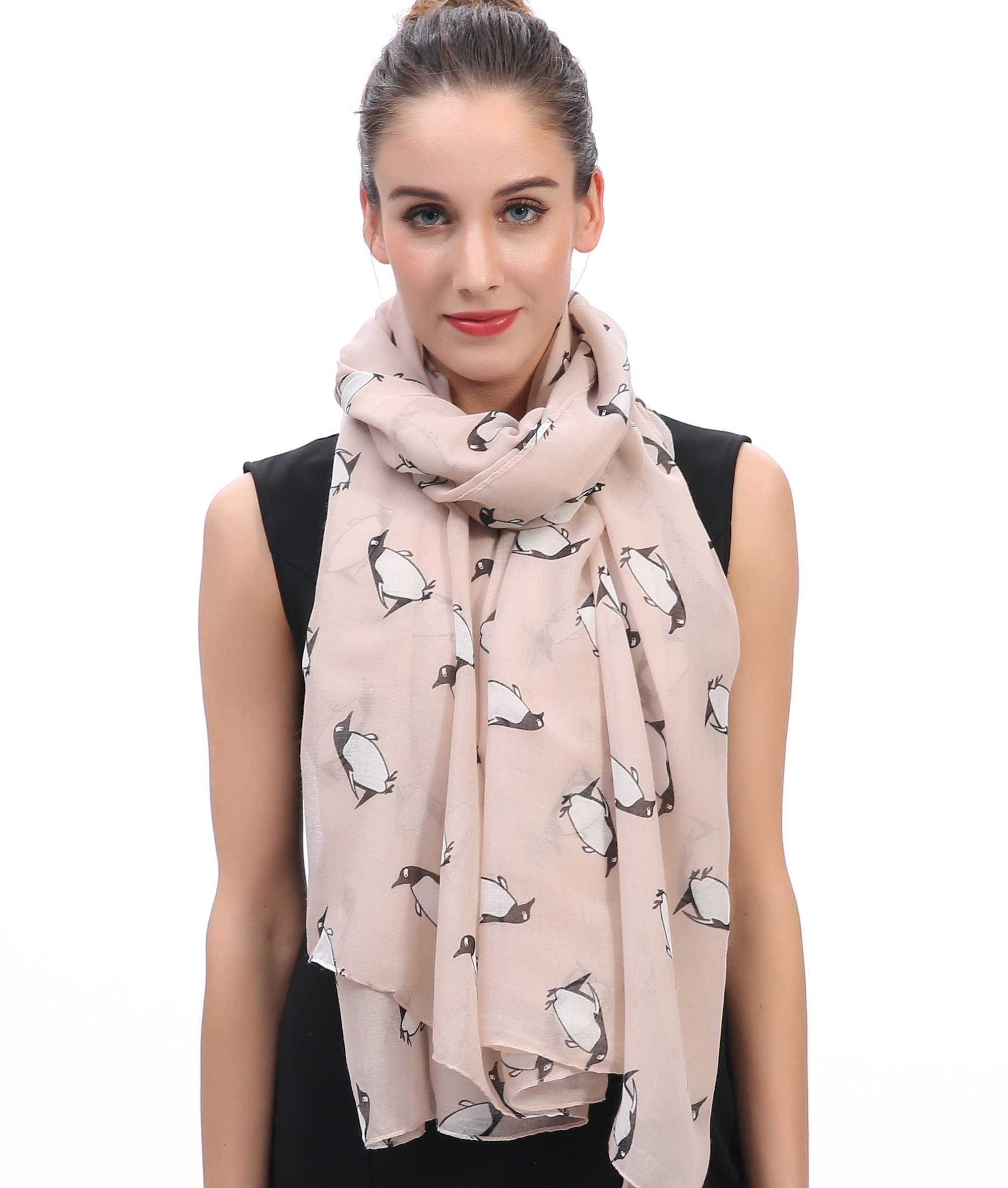 Lina & Lily Women's Beige Penguin Print Scarf Oversized (Beige)(Size: One Size)