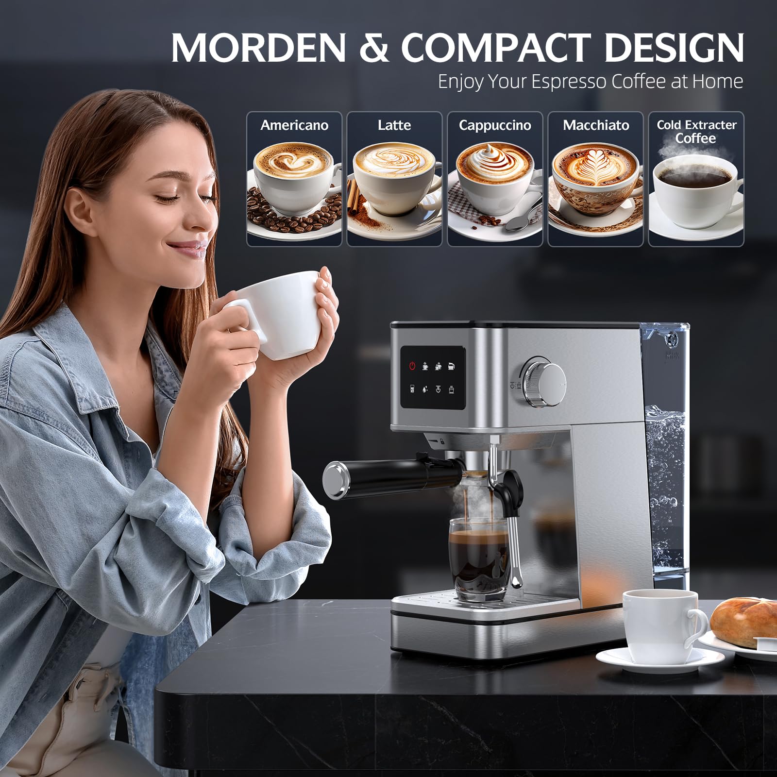 20 Bar Espresso Machine with Milk Frother, Stainless Steel Coffee Maker with Touch Screen & Cold Brew, 45s Fast Heat Small Cappuccino & Latte Machine with 57.5oz Removable Water Tank for Home, Silver — view 8