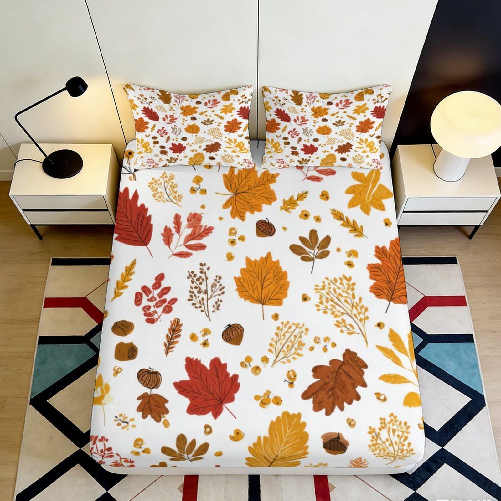 3D Printed Autumn Leaf Fitted Sheet Microfiber Deep Pocket Bedding Fall Leaf Mattress Fitted Cover Non-Slip Wrap 200x200x25cm