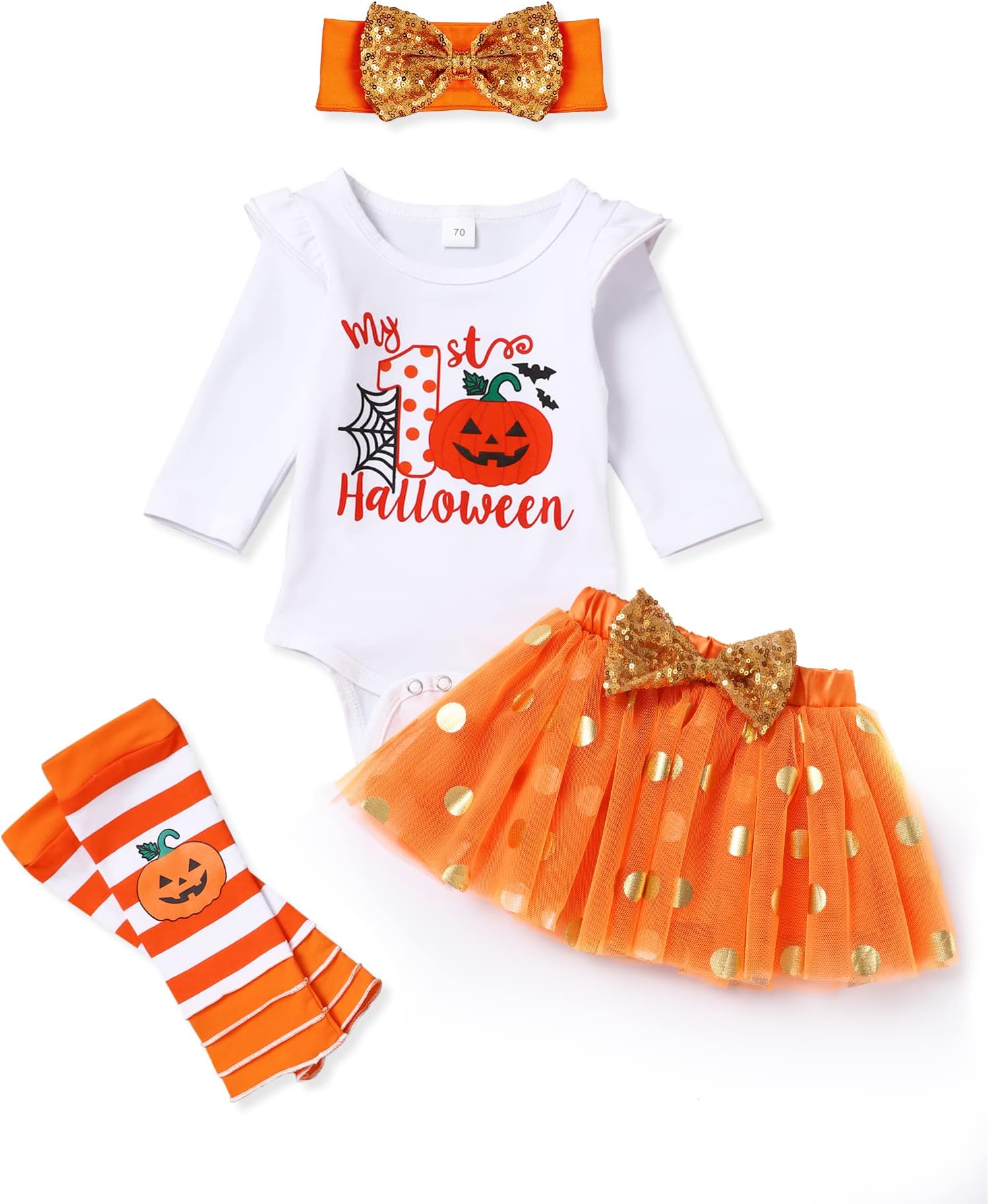 My First Halloween Outfits Baby Girl Clothes Ruffled Jumpsuit +Tulle Skirt+Stripe Leg Warmers+Headband Newborn Halloween Set