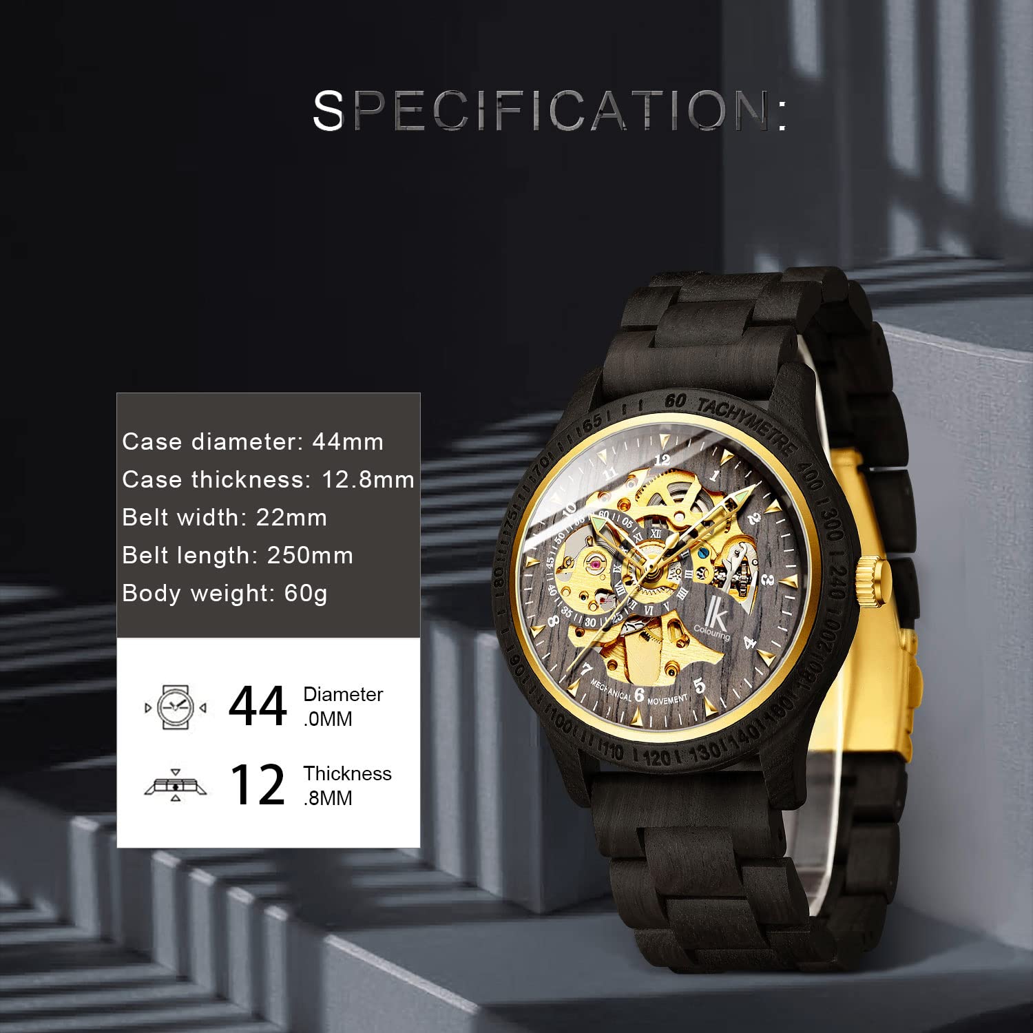 IK COLOURING Mens Watches Luxury Mechanical Wooden Case Skeleton Lumious Automatic Self-Winding Lightweight Genuine Leather BraceletWood Band Wrist Watch product thumbnail 5