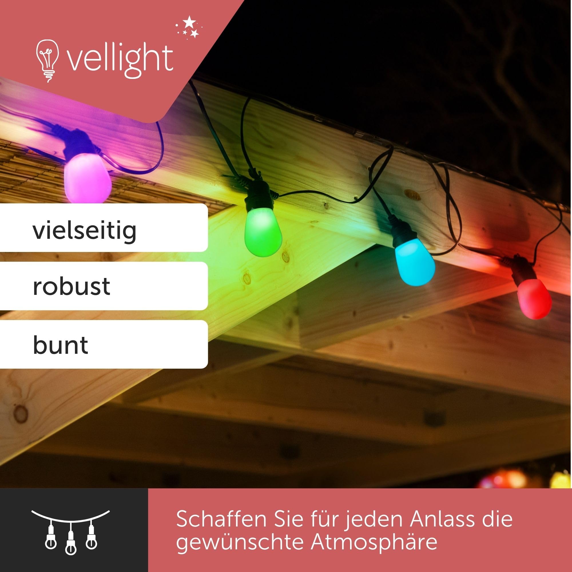 Lichterkette außen bunt, LED Lichterkette smart Outdoor, Lichterkette aussen smart home, RGBW Glühbirnen, Lichterkette mit App-Steuerung Tuya und Musiksynchronisation, 15 m