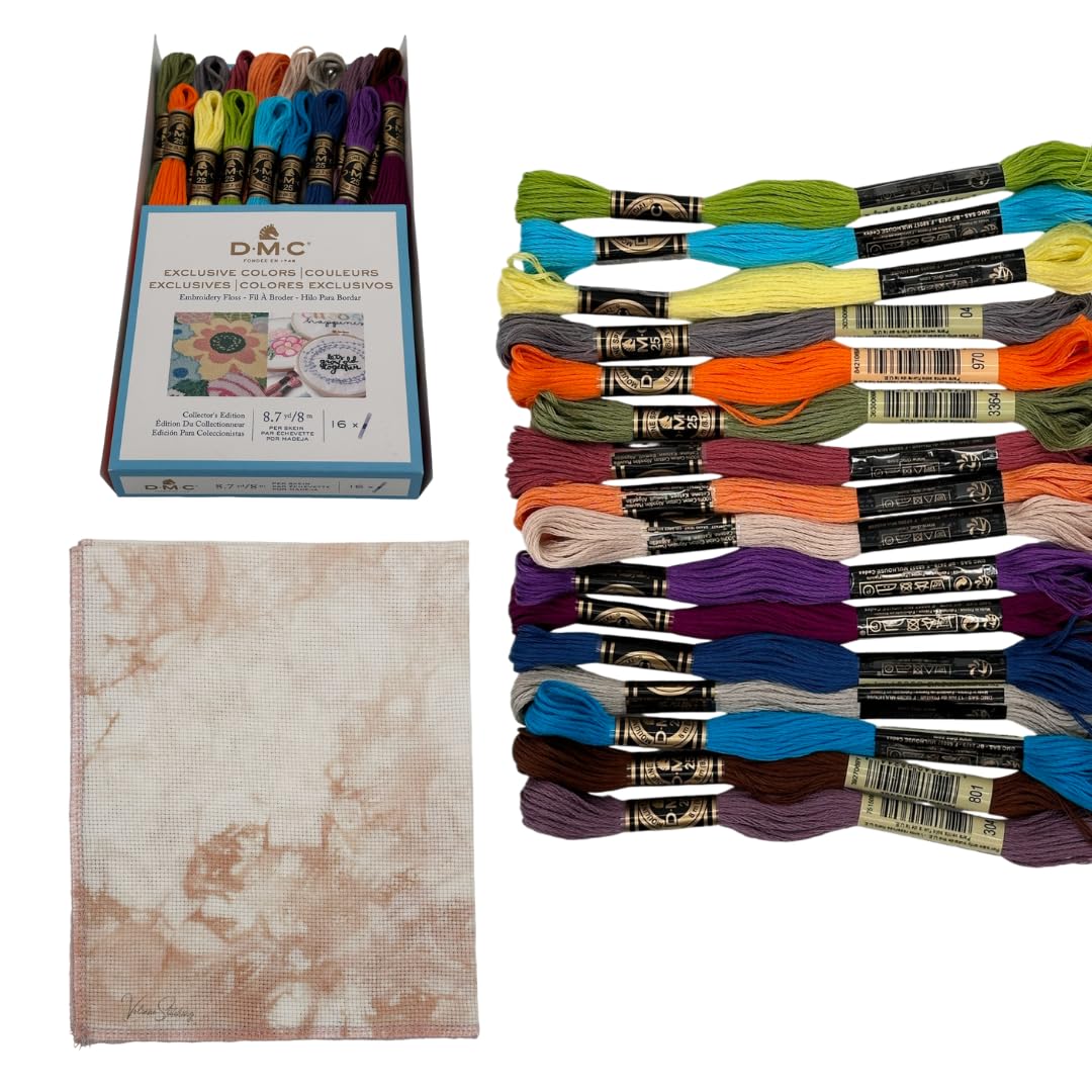 Exclusive Colors Collection Embroidery Thread Bundle - DMC Embroidery Floss Pack 8.7yd Holiday Decor 16Pkg with Aida 14 Count Tan Hand-Dyed Cross Stitch Fabric by VolcanoStitching