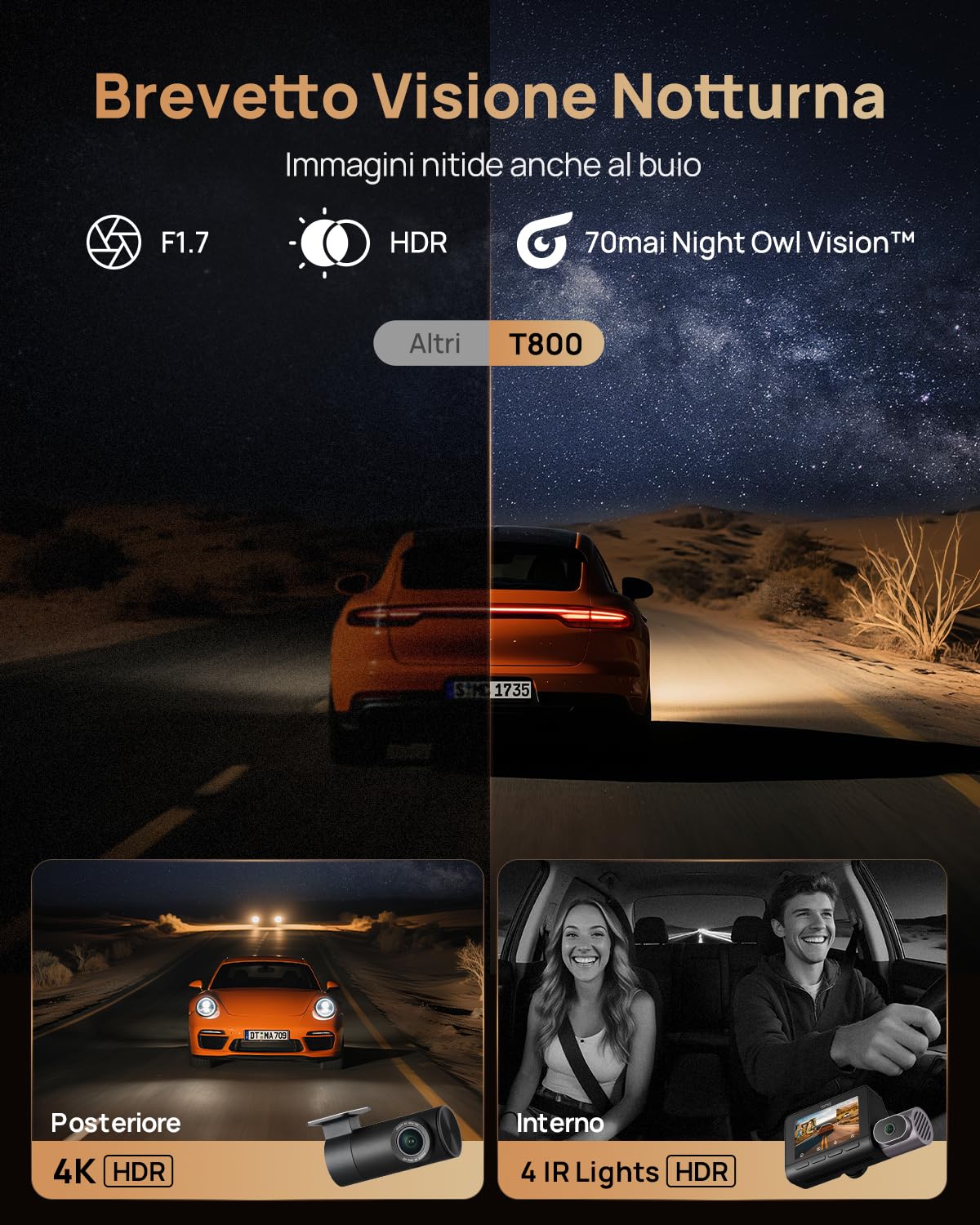70mai Dash Cam 4K T800 3 Canali Dual 4K+1080P Anteriore Posteriore Interno, 3 HDR Dual STARVIS 2 con microSD 512GB, 4G LTE, Rilevamento del Movimento AI, Visione Notturna, Monitoraggio Parcheggio