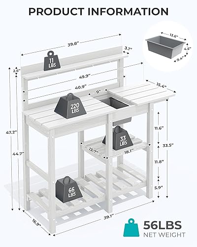 Miniatura 2 de SERWALL Banco de macetas para exteriores con fregadero extraíble, mesa para macetas de polietileno de alta densidad resistente a la putrefacción