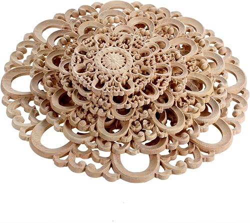 Miniatura 9 de MUXSAM Apliques redondos tallados en madera, sin pintar, calcomanías centrales de tallado de madera ornamentada para armario, puerta, cajón, pared,