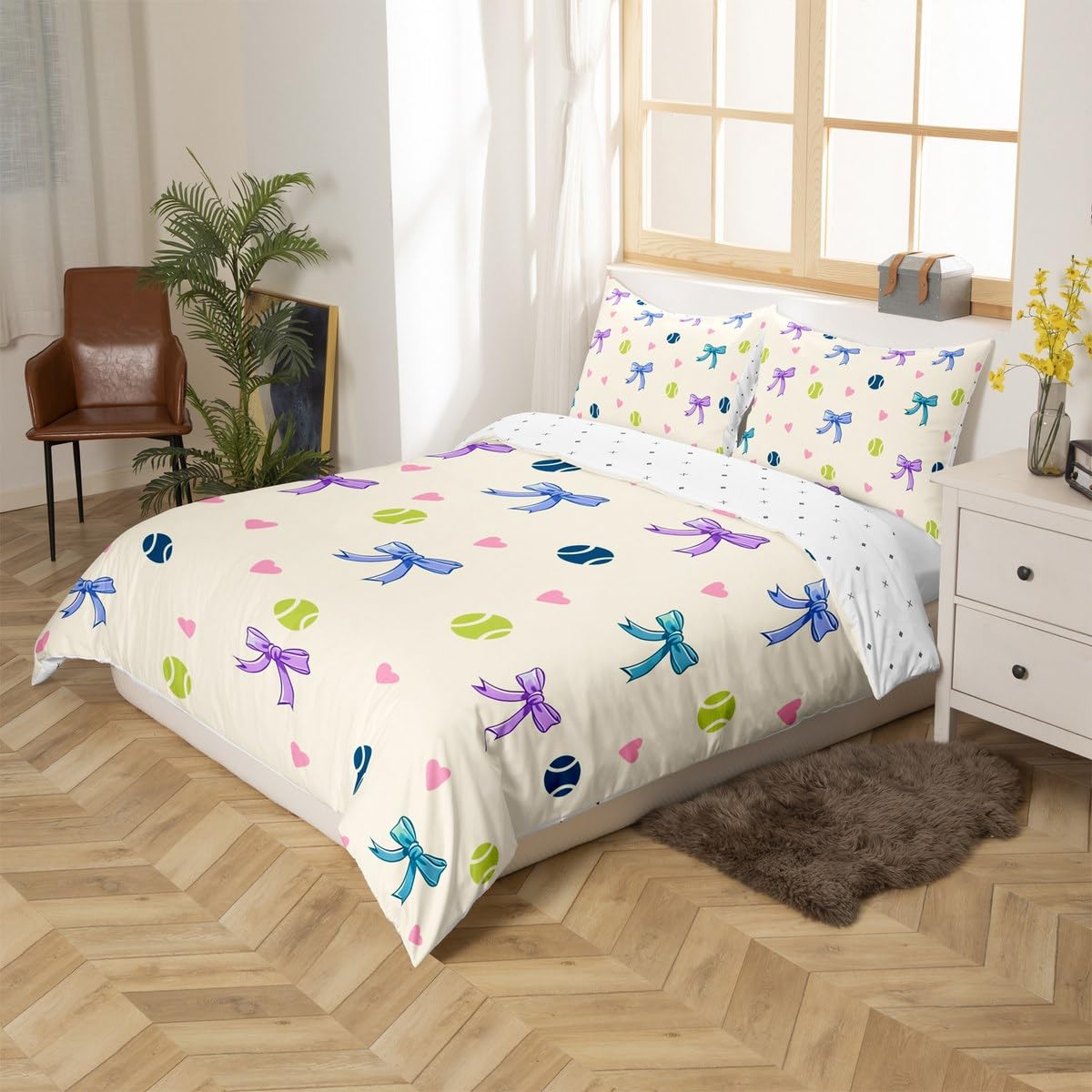 Homewish Bow Girls Single Size Duvet Cover Sets Cute Bowknots Bedding Set for Kids Teens Adults Preppy Tennis Balls Print Quilt Cover Coquette Sports Themed Decor - Image 2