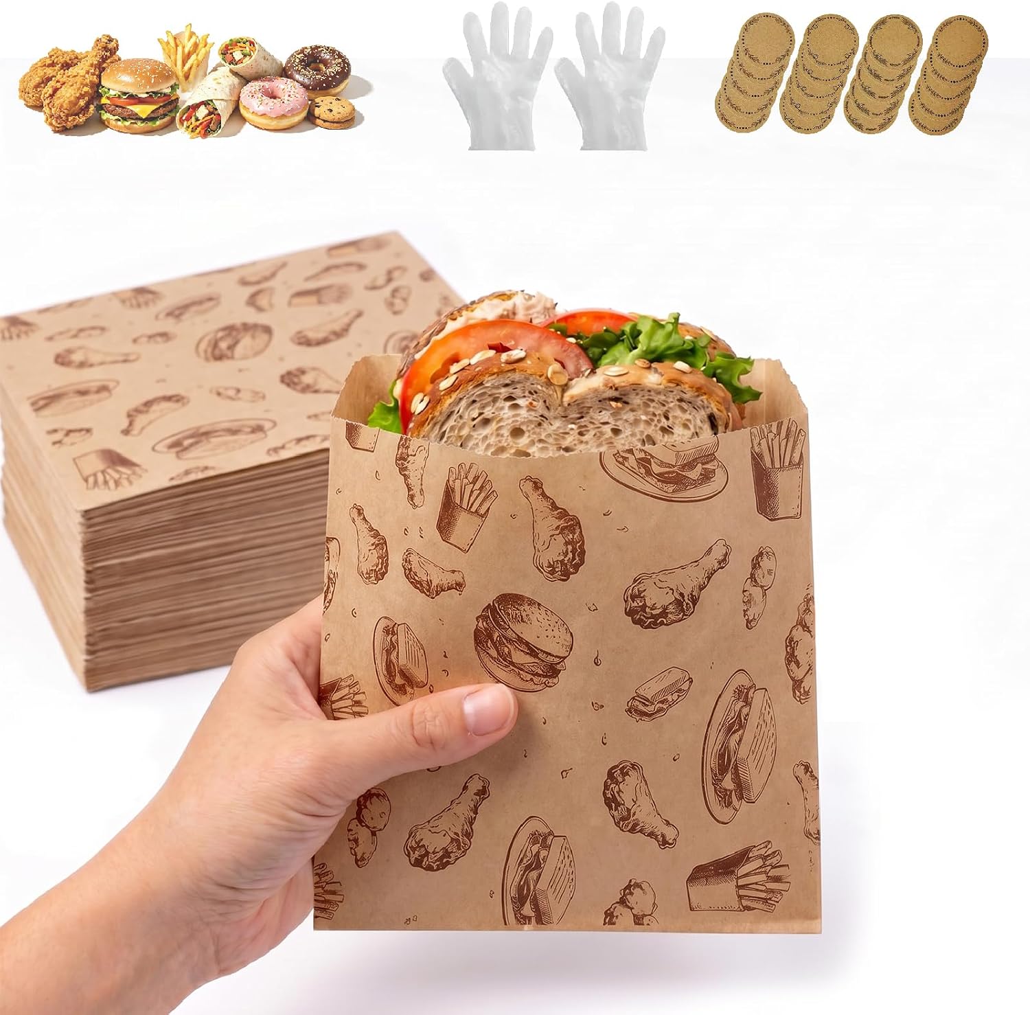 200 Pack Paper Sandwich Bags 7.9" x 7.9", Greaseproof Paper Bags for Snacks, Cookies, Bread, Donuts, Burgers, and Lunch Storage Disposable Food Wrappers (Red)