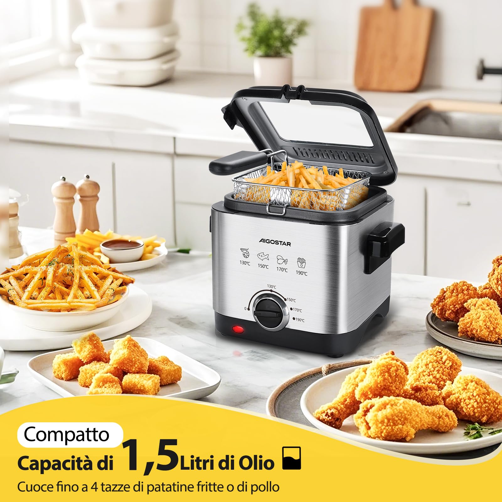 Aigostar Friggitrice Elettrica in Acciaio Inox 1.5L, 1000W con Regolazione Temperatura, Filtro Antiodore, Finestra di Visualizzazione, Cestello Rimovibile e Scala Olio, Design Compatto e Sicuro