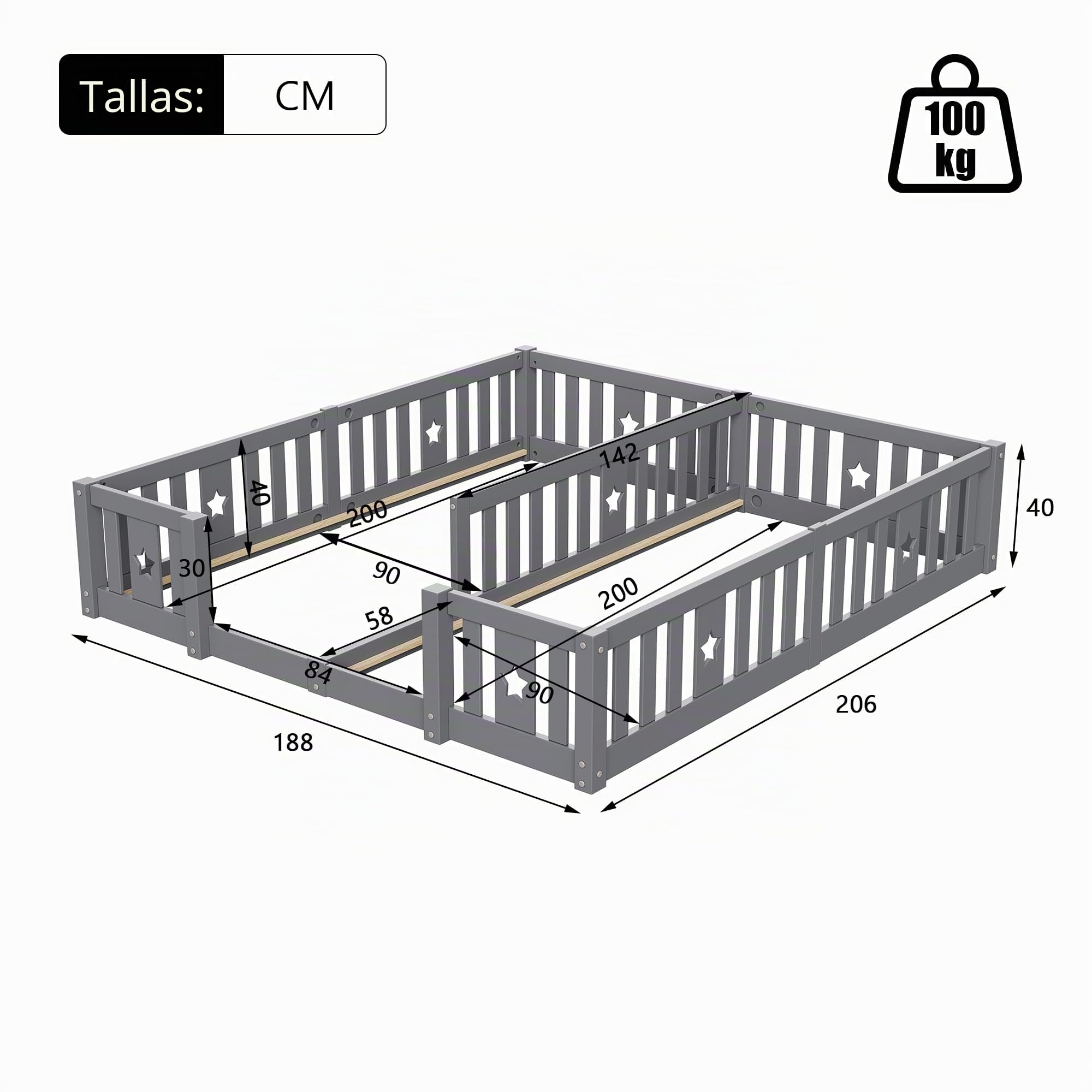 Cama Montessori Doble 2x90x200 para Niños, Cama Infantil con Barandillas de Seguridad, Cama Suelo de Madera, Cama para Hermanos para Dormitorio Infantil, Sin Listones, Gris