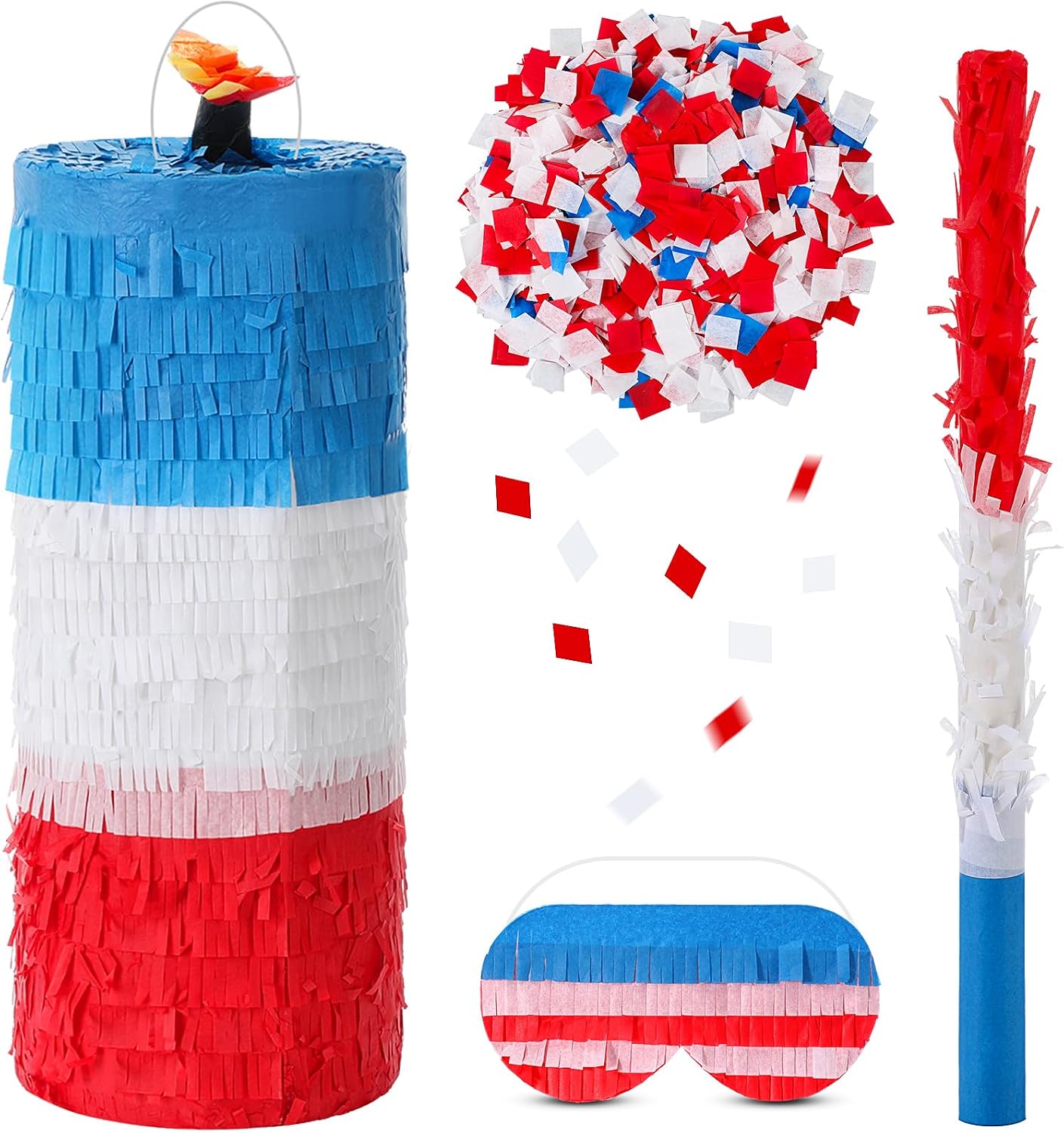 250th Number Patriotic Piñata Set Red White Blue American Flag 22in Piñata with Stick Blindfold Confetti for 250 Summer Pool USA Party Decor