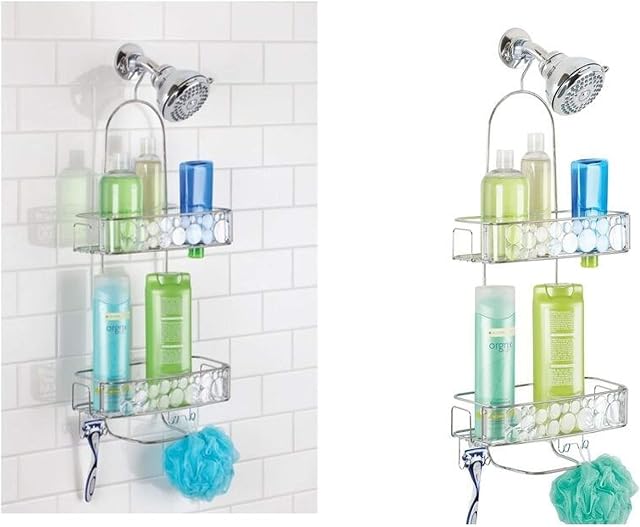 iDesign 31040 Bubbli Shower Caddy, Metal Shower Organiser with Baskets, Shower Shelves for Shower Accessories, Clear/Silver, Large