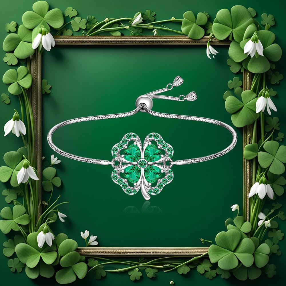 Shamrock Bracelet for Women Sterling Silver celtic St Patricks Day Bracelet Four Leaf Clover Green Luck Gifts Irish Jewelry - Image 3