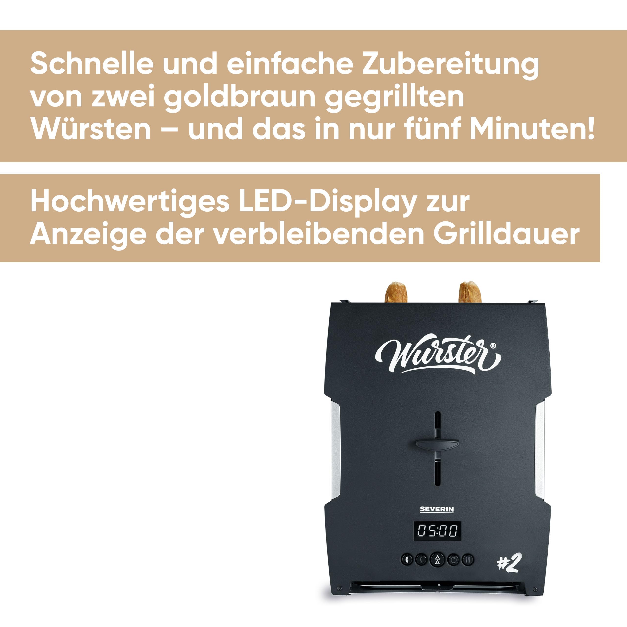 SEVERIN WURSTER, perfekt gebräunte Würstchen auf Knopfdruck in nur 5 Minuten, ohne Zugabe von Fremdfett, inkl. Holzzange, Schwarz, Edelstahl/Kunststoff, WT 5005