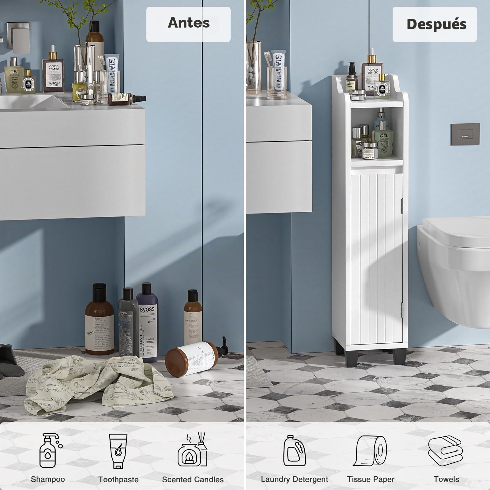 Armario Baño Pequeño y Estrecho, Mueble Auxiliar de Baño Madera, Estantes Ajustables, Cierre Magnético, Armario de Almacenamiento, Adecuado para Dormitorio, Cocina y Salón, Moderno, Blanco