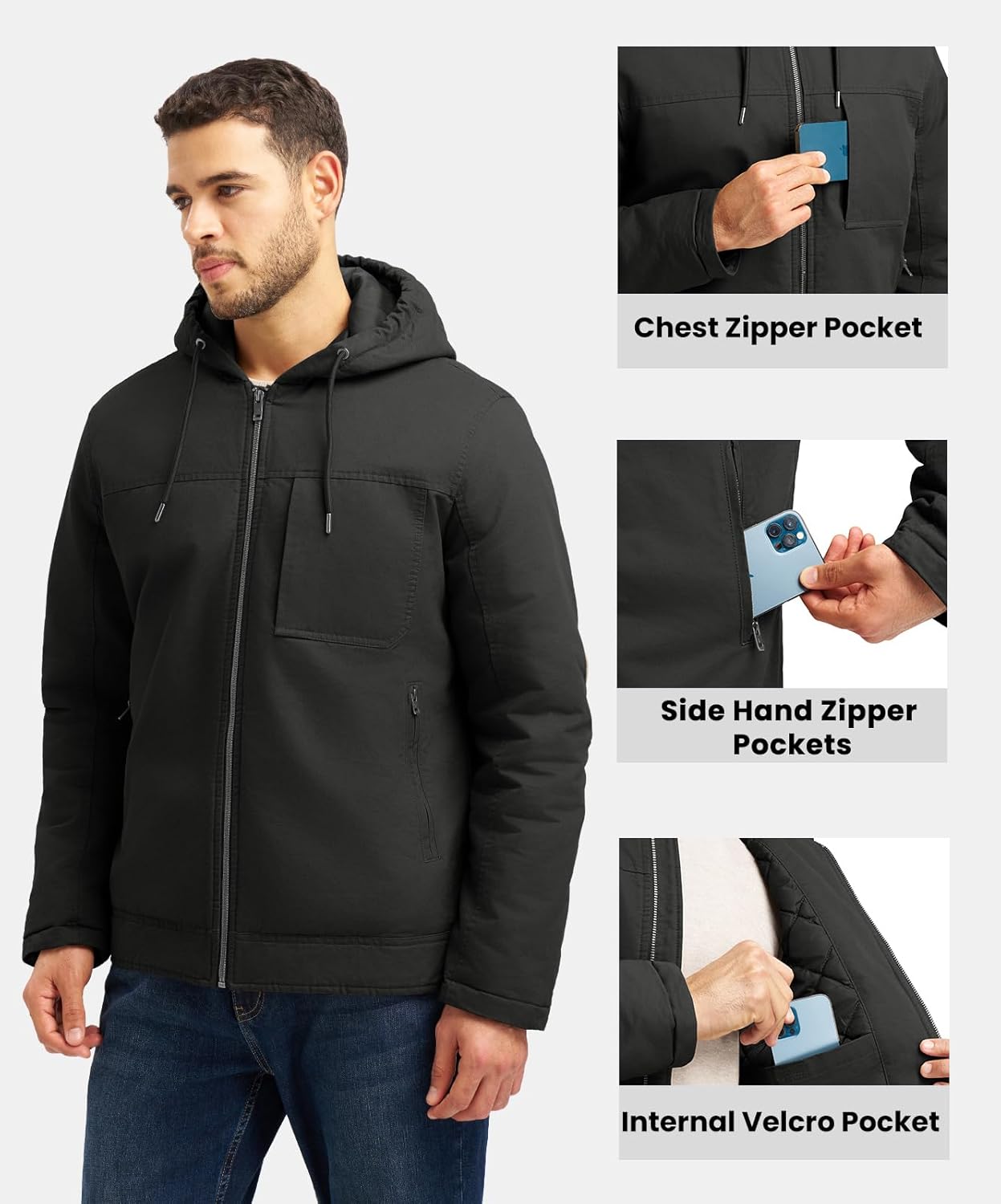 Rdruko Men's Winter Work Jackets Hooded Quilted Cotton Wram Coat Utility 4 Pockets Workwear - Image 4