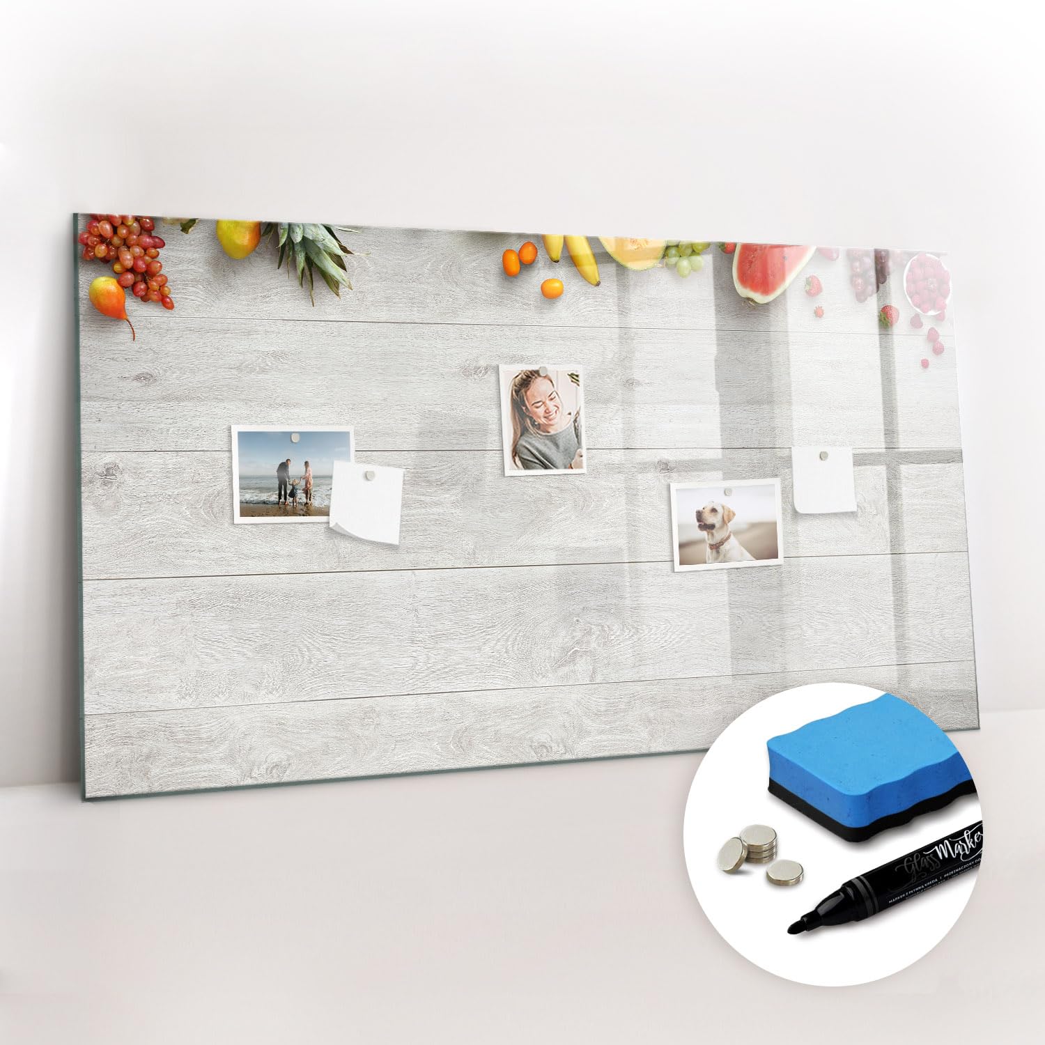 Magnetische Glas-Memoboard Tafel inkl. Neodym-Magnete, Marker & Schwamm | Edles Design & langlebige Oberfläche | Für jeden Raum- 120x60 - Obst auf dem Tisch