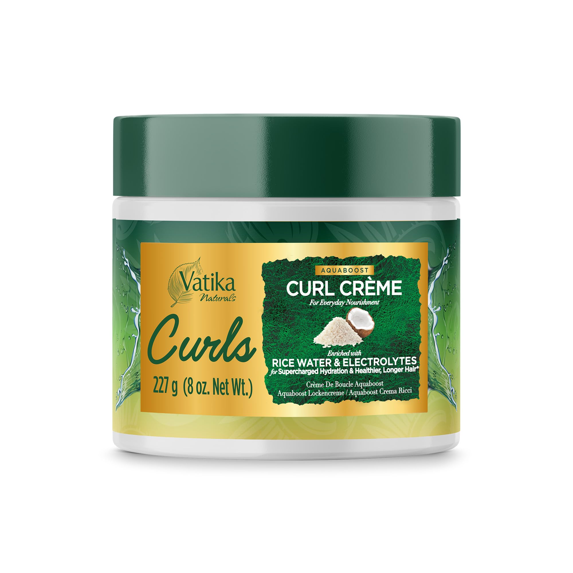 Vatika Naturals Curls AQUABOOST Curl Crème with Rice Water & Electrolytes – Everyday Curl Nourishment, Hydration & Frizz Control, 227g