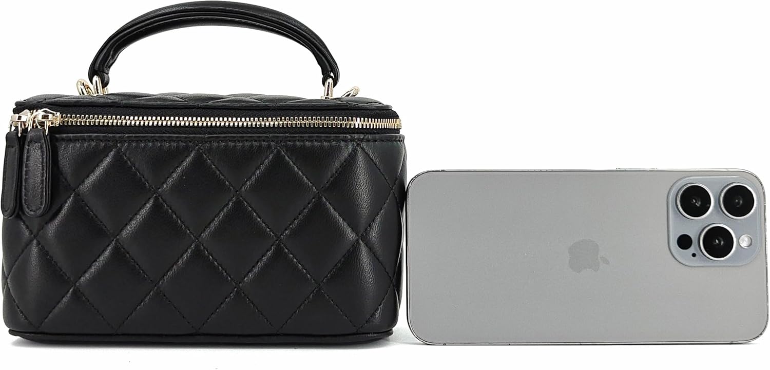 Small Genuine Leather Purse Quilted Crossbody Bag for Women, Mini Top-Handle Shoulder Handbag w/Gold Chain Strap - Image 7