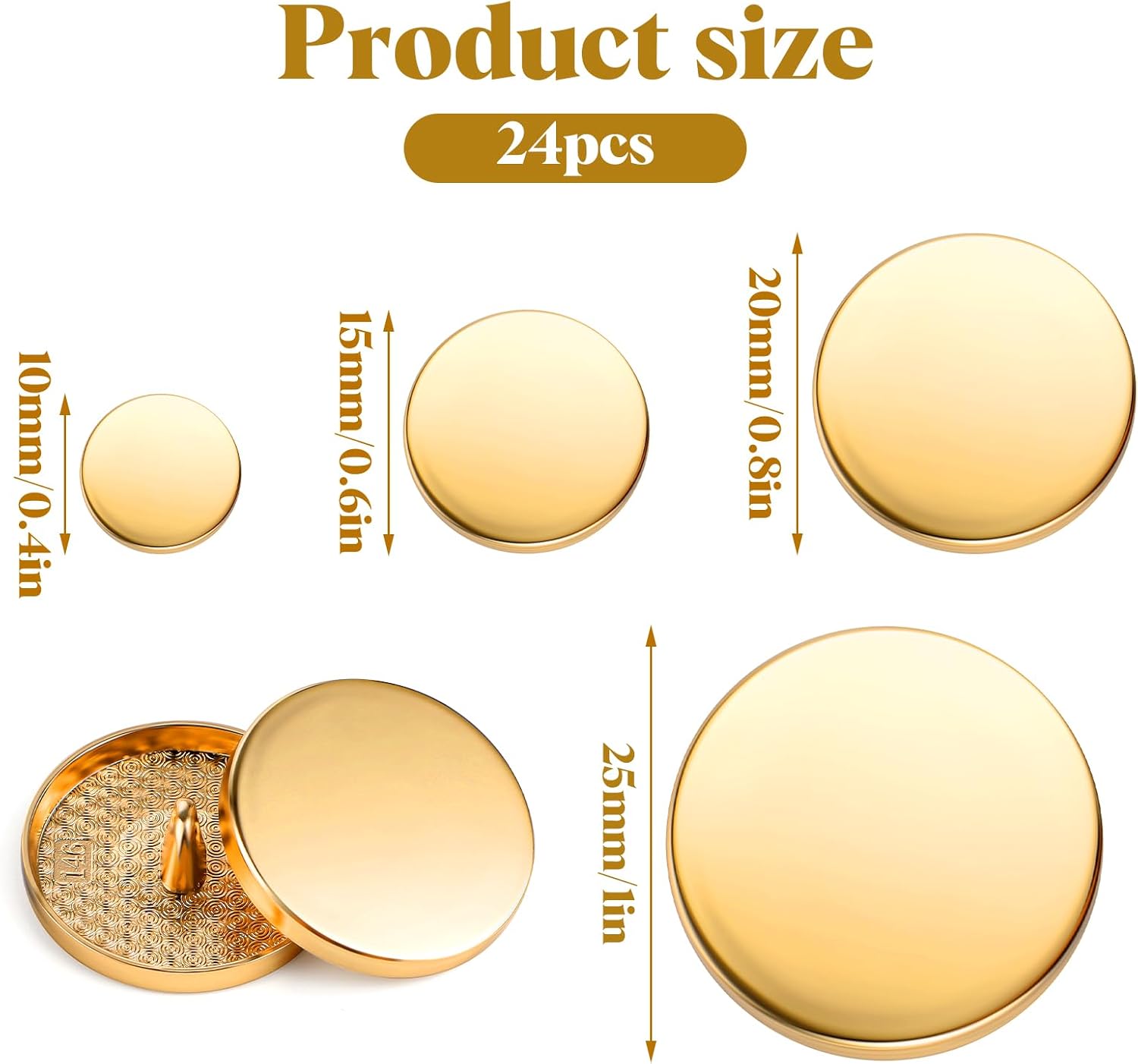 24Pcs Gold Buttons for Blazers, Metal Flat Button, Round Shaped Sewing Buttons Golden Coat Buttons for Women Men Clothes Suit Coat Shirt Jackets Craft 10mm 15mm 20mm 25mm