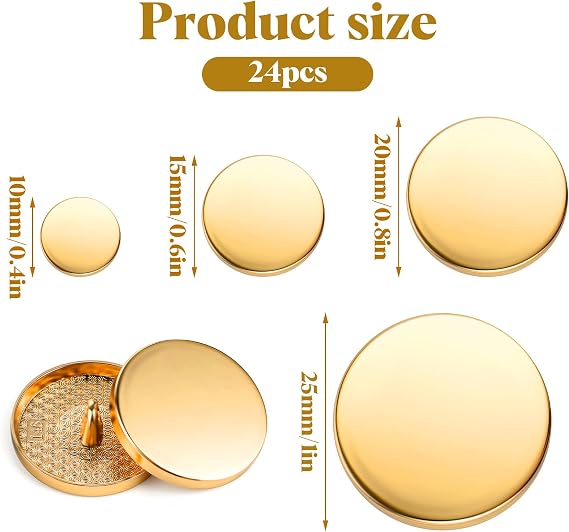 24Pcs Gold Buttons for Blazers, Metal Flat Button, Round Shaped Sewing Buttons Golden Coat Buttons for Women Men Clothes Suit Coat Shirt Jackets Craft 10mm 15mm 20mm 25mm