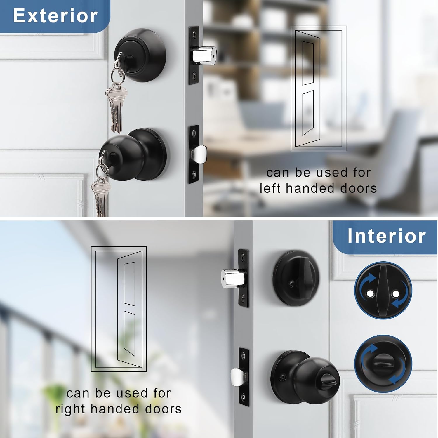 Knobonly Keyed Alike Exterior Door Knob, Round Outdoor Lock with One Sided Deadbolt, Stainless Steel, Matte Black Door Knobs, Black Door Handle Sets, 4 Pack