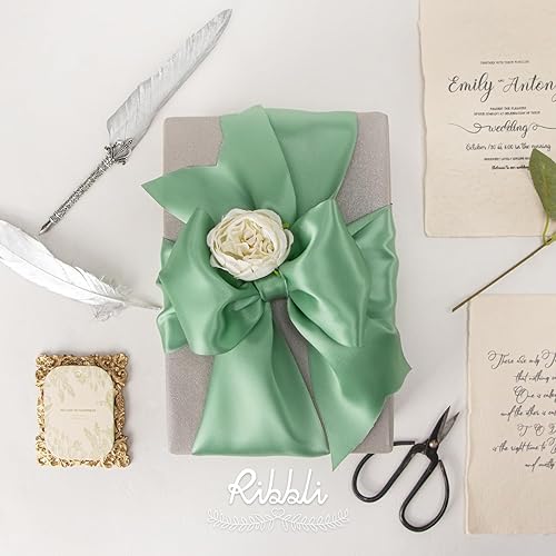 Miniatura 2 de Ribbli Cinta de satén verde salvia de 4 pulgadas de ancho para silla de boda, banda de gran apertura, lazos grandes, envoltura de regalos,