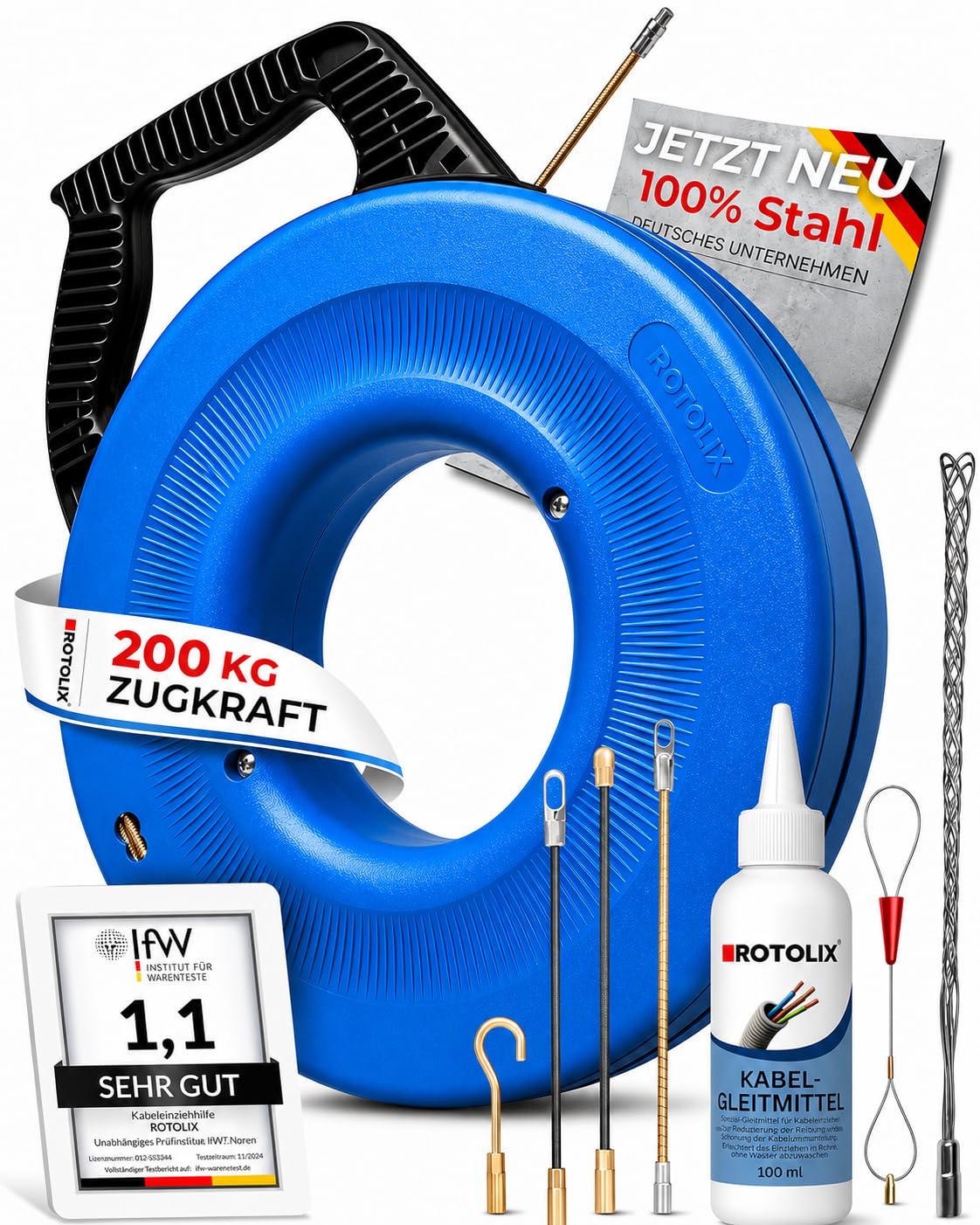 ROTOLIX® Kabeleinziehhilfe – Einziehspirale, 30m Kabel Einzugshilfe für Leerrohr mit Premium-STAHL-Seil & 200 KG Zugkraft | Einziehhilfe – Zugdraht für Elektro & Glasfaser