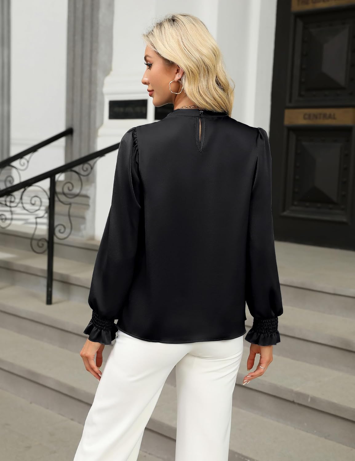 BMJL Womens Dressy Casual Blouse Black Long Sleeve Shirts Satin Silk Keyhole Business Work Tops Fall Outfits 2025 - Image 2