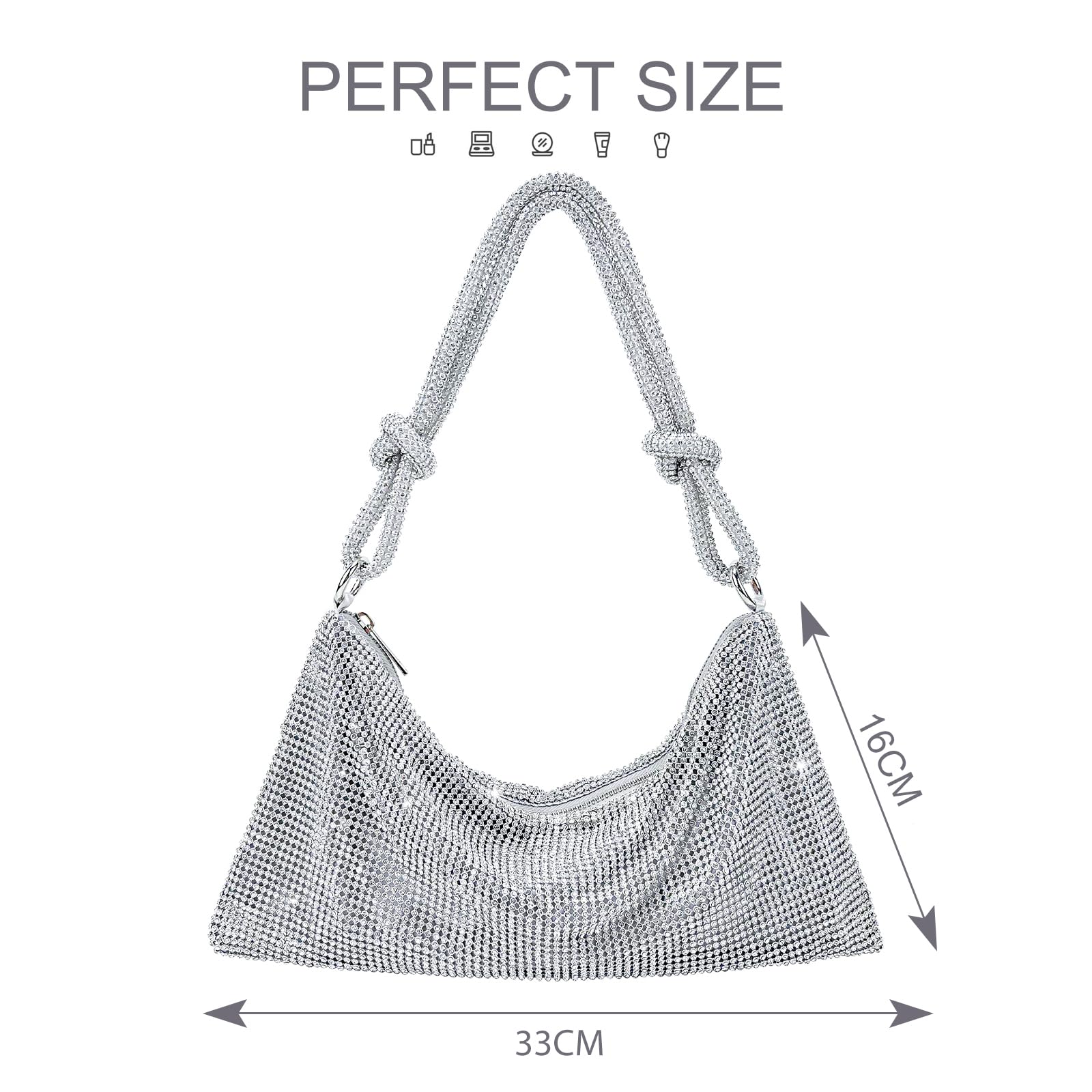 TOPALL Clutch błyszcząca damska srebrna torebka wieczorowa, torebka z diamentami na ramię, srebrna, elegancka z zamkiem błyskawicznym, kamienie strasu, kopertówka, torebka na ramię na imprezę, czas