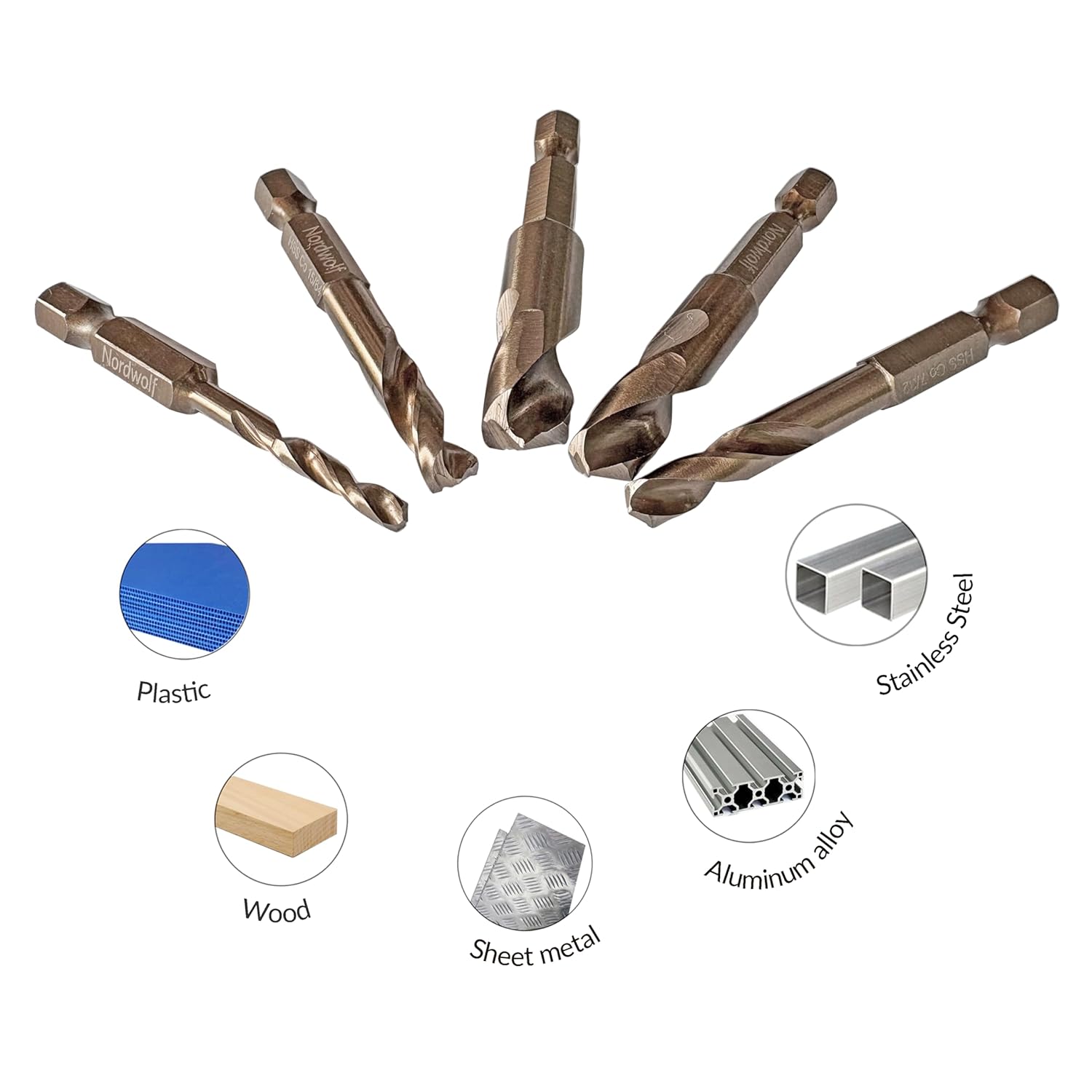 NordWolf 5-Piece M35 Cobalt Stubby Drill Bit Set for Stainless Steel & Hard Metals, with 1/4" Hex Shank for Quick Chucks & Impact Drivers, SAE Sizes 9/64"-7/32"-15/64"-21/64"-25/64" in Storage Box