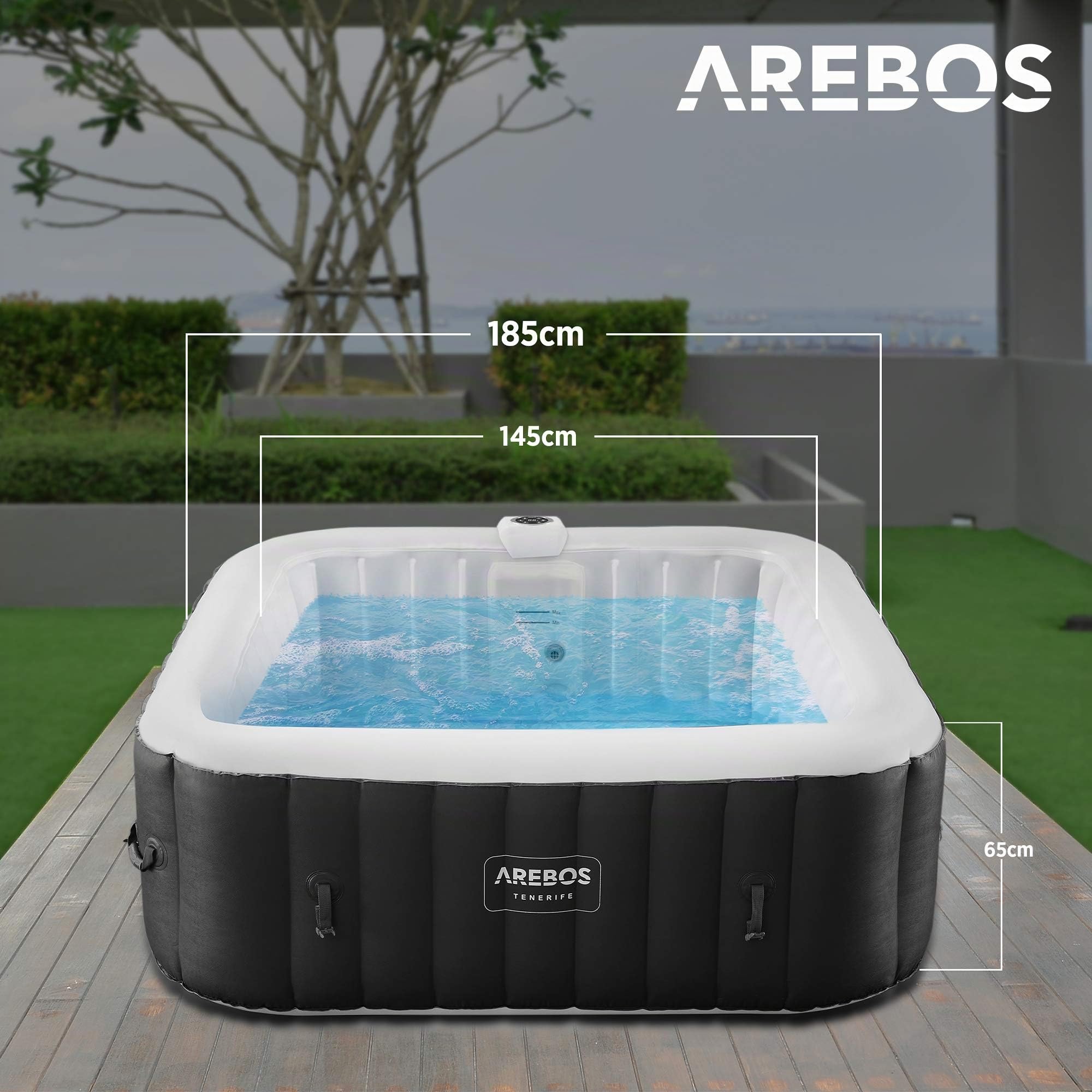 Arebos SPA Hinchable Whirlpool | Bañera de hidromasaje | 185x185cm | para 6 Personas | Banda Luminosa LED | 130 chorros de Masaje | 910 litros | Incluye Cubierta | Masaje de Burbujas y Bienestar