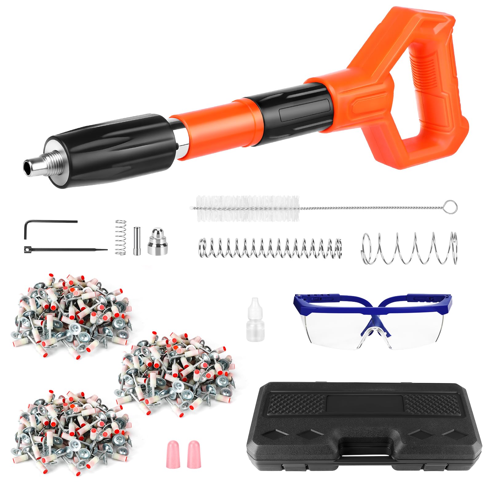 Manuelle Nagelpistole mit 300 Nägeln, 5 Gänge einstellbar, Nail Gun für Stahl & Beton, tragbar, geräuscharm, Schutzausrüstung enthalten (Schwarz Orange)