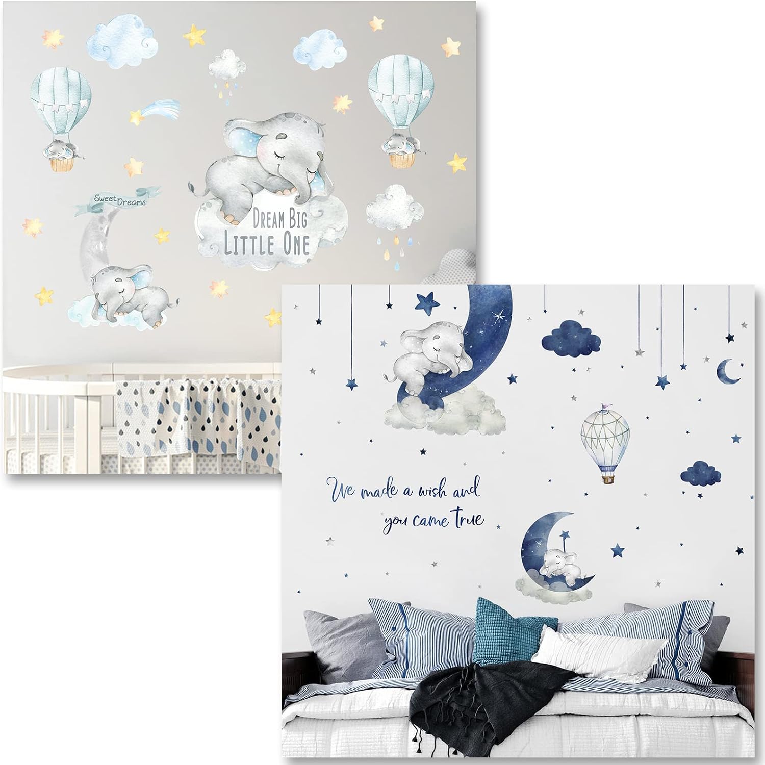 Yovkky Set of 2 Watercolor Sleeping Elephant Wall Decals, Moon Star Cloud Stickers Hot Air Balloon Nursery Decor, Home Baby Shower Decoration Kids Boy Toddler Bedroom Playroom Art Gift