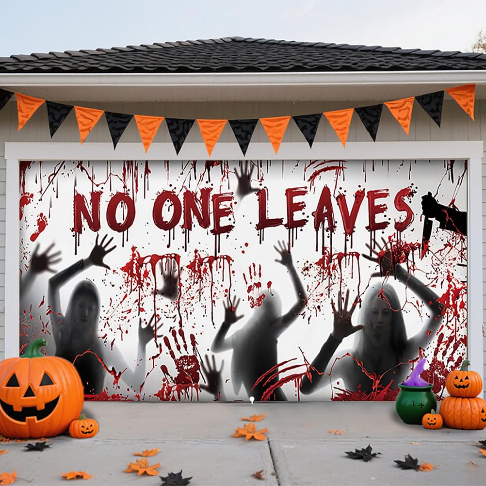 ZFFLYH Halloween Garage Door Cover, Large Hanging Garage Door Banner Backdrop Horror Halloween Wall Decorations for Outdoor Indoor Home House Party,No One Leaves,16 * 7FT