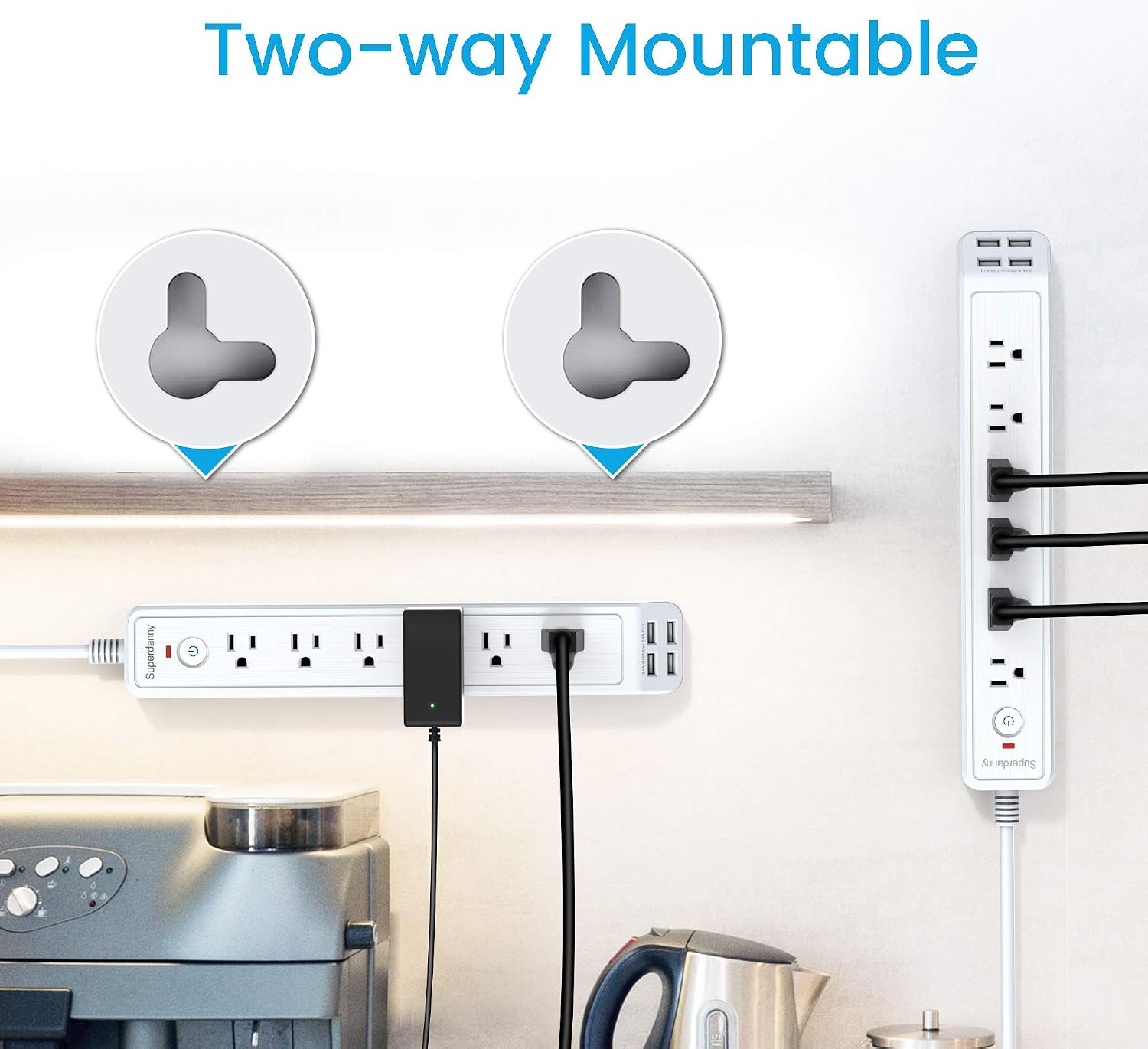 Power Strip, SUPERDANNY 6 Outlets 4 USB Ports Surge Protector, Wall Mountable, 5ft Extension Cord with Hook & Loop Fastener, Charging Station for iPhone iPad PC Home Office Dorm Travel, White
