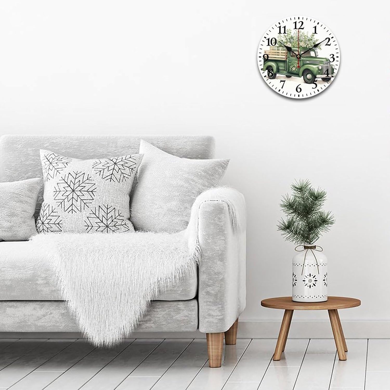 16 Inch Wooden Wall Clock Buffalo Check Clover Truck Wooden Silent Non-Ticking Battery Operated Arabic Numbers Green Lucky Shamrock Clock Home Office Irish St Patricks Clock