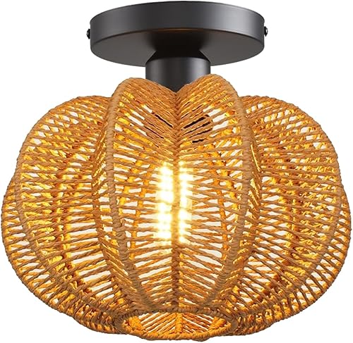 Miniatura 14 de Lámpara de Techo, Lámpara de Techo Empotrada de Ratán Tejida a Mano, Lámparas de Techo Estilo Granja con Montaje en Techo Boho para Pasillo, Lámpara