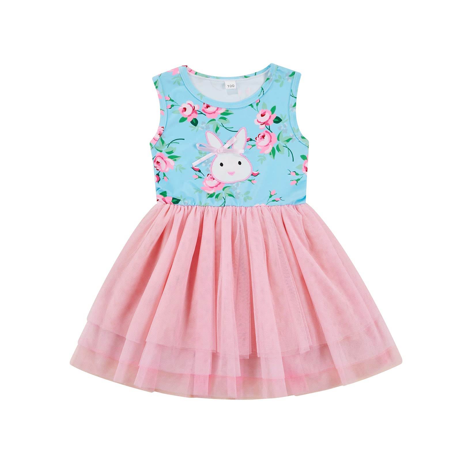 Toddler Baby Girl Easter Outfit Sleeveless Bunny Print Dress Tulle Sundress Infant Princess Dresses Party Clothes (A-Blue+Pink,2-3T)