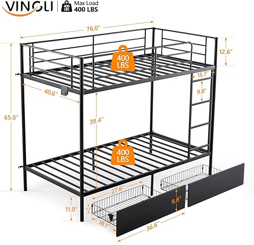 Miniatura 7 de VINGLI Base de cama de metal individual sobre individual con 2 cajones, luces LED, barandilla de seguridad y escalera, estación de carga, para Negro