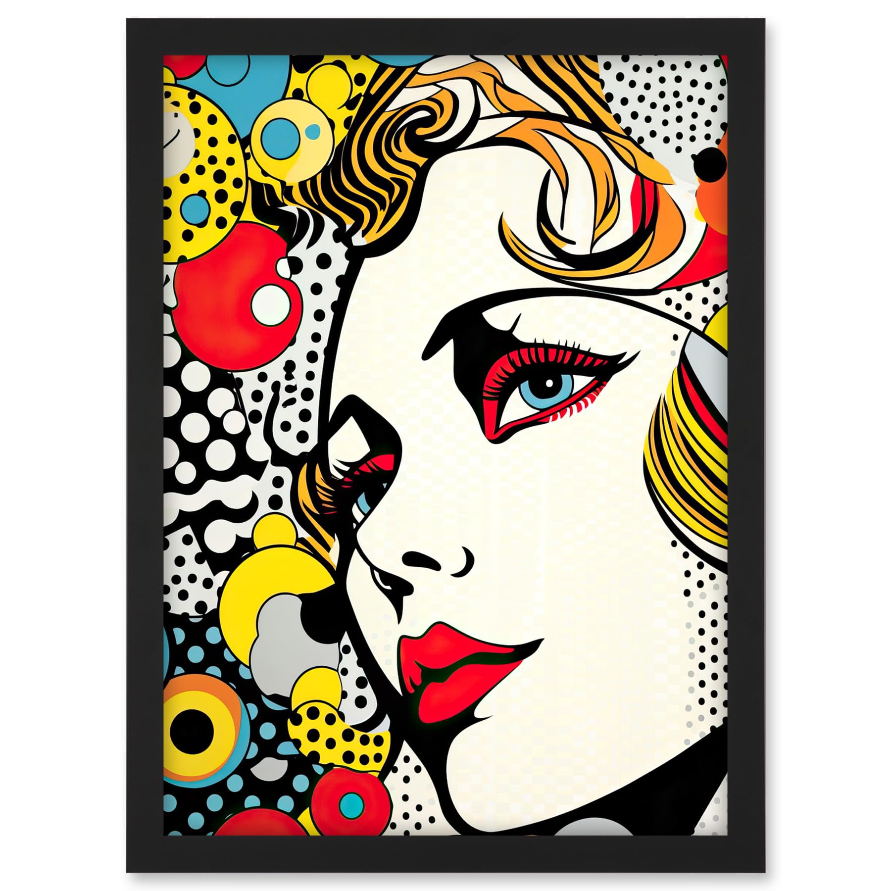 Artery8 Woman Face Geometric Patterns Bubbles Comic Book Style Pop Art Teen Room Halftone Artwork Framed A3 Wall Art Print