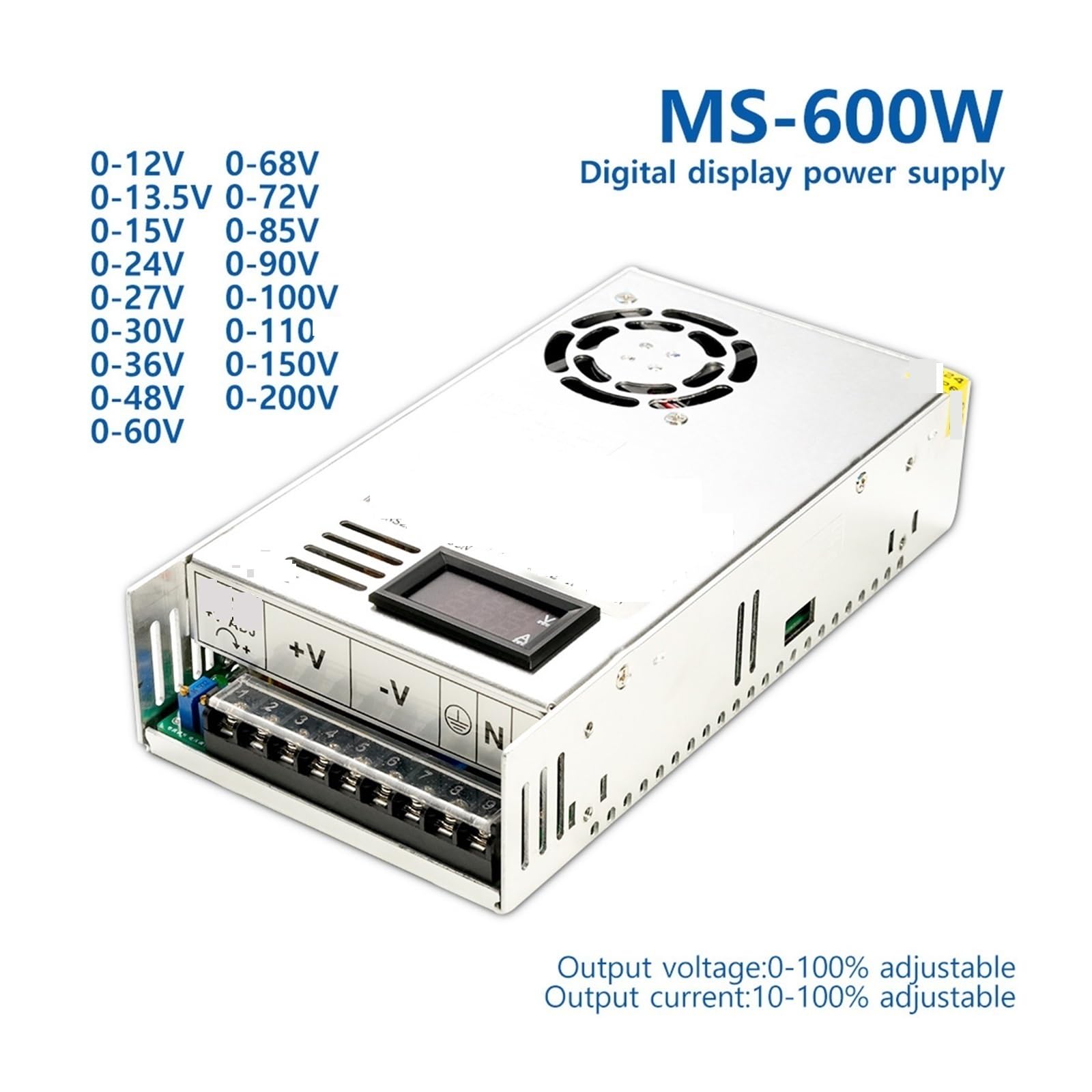 Zmienne zasilanie DC, Zasilacz Impulsowy 600 W 0-12 V 15 24 30 48 60 72 85 90 110 150 220 AC/DC Pojedyncze Wyjście Regulowane SMPS MS-600-12(0-200V 2.7A)