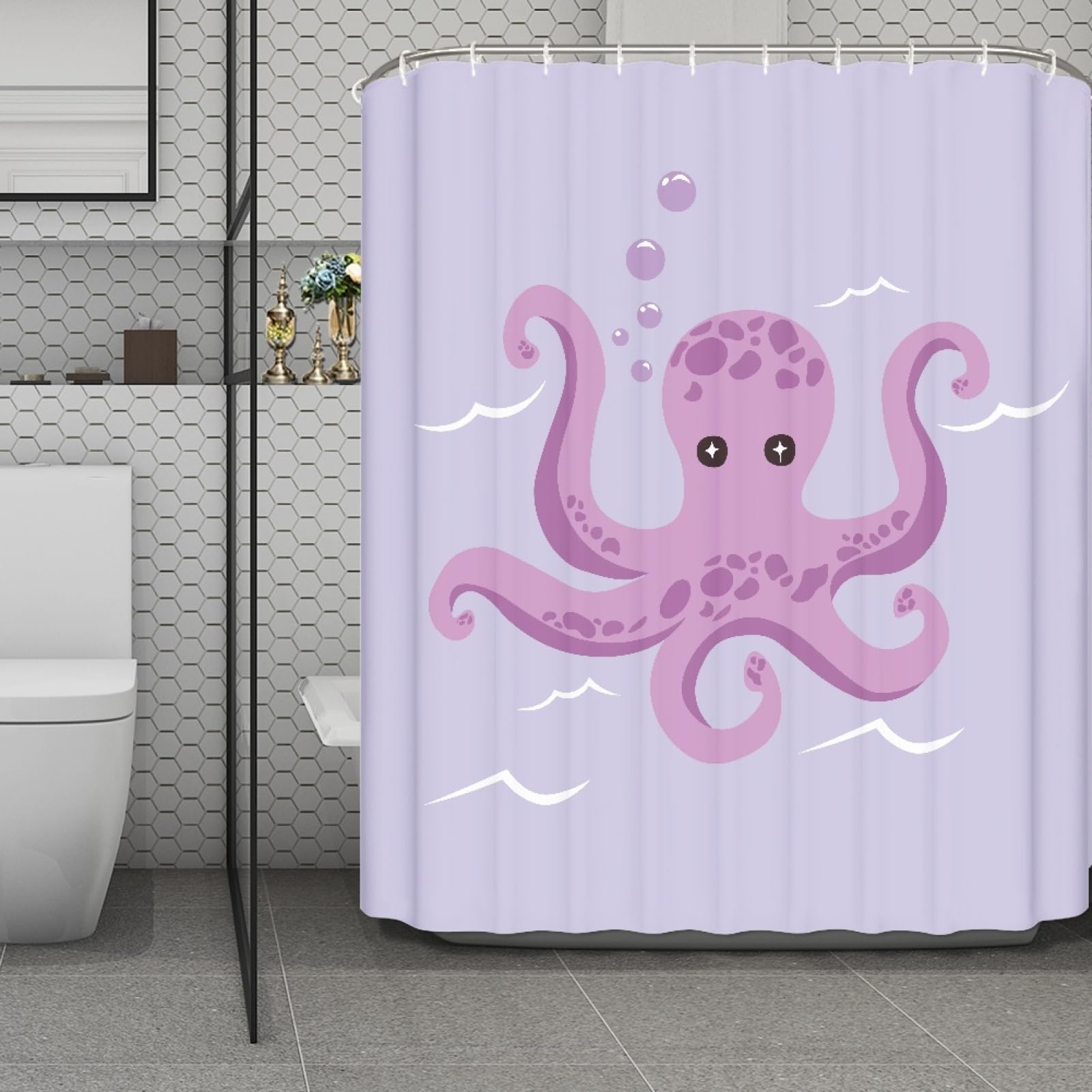 Rideau douche 180x220 octopus rose en tissu polyester imperméable