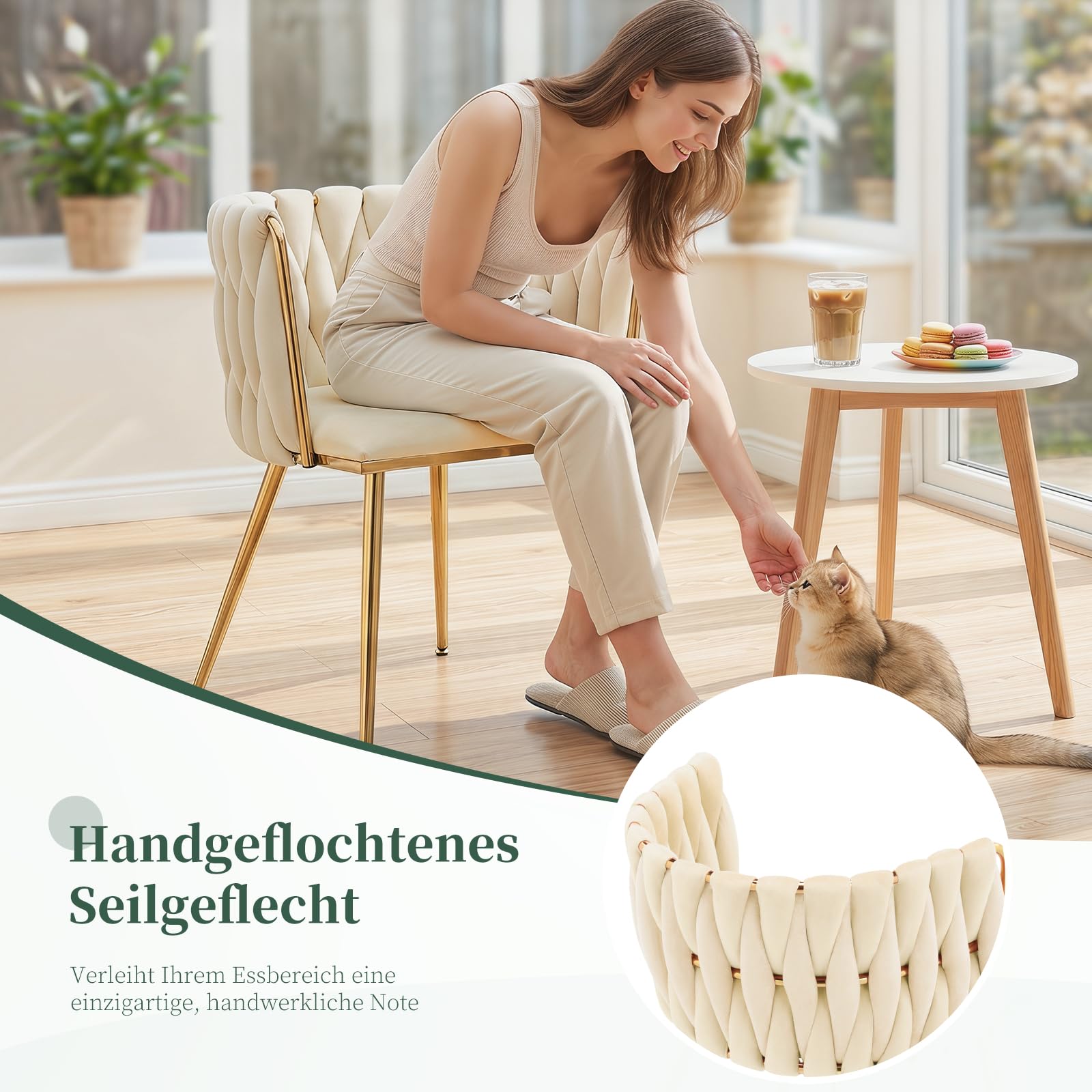 Esszimmerstühle 2er Set mit Armlehne, Handstricken Polsterstuhl Küchenstuhl aus Samt und Goldenen Beinen, Armlehnstühle für Esszimmer, Küche und Wohnzimmer, Beige