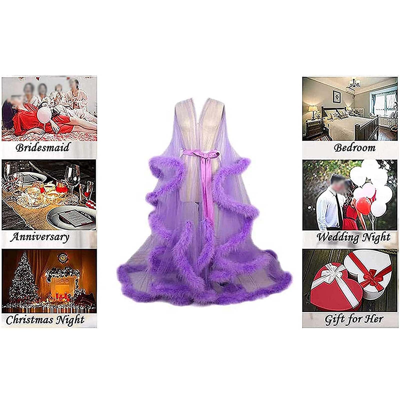 Générique Femme Sexy Kimono Long Dentelle Trasparente Queen Robe Perspective Lingerie de Nuit Sheer Nuisette avec Plumes Ceinture Grande Taille Chambre Kimono Maille Transparente,K,One Size
