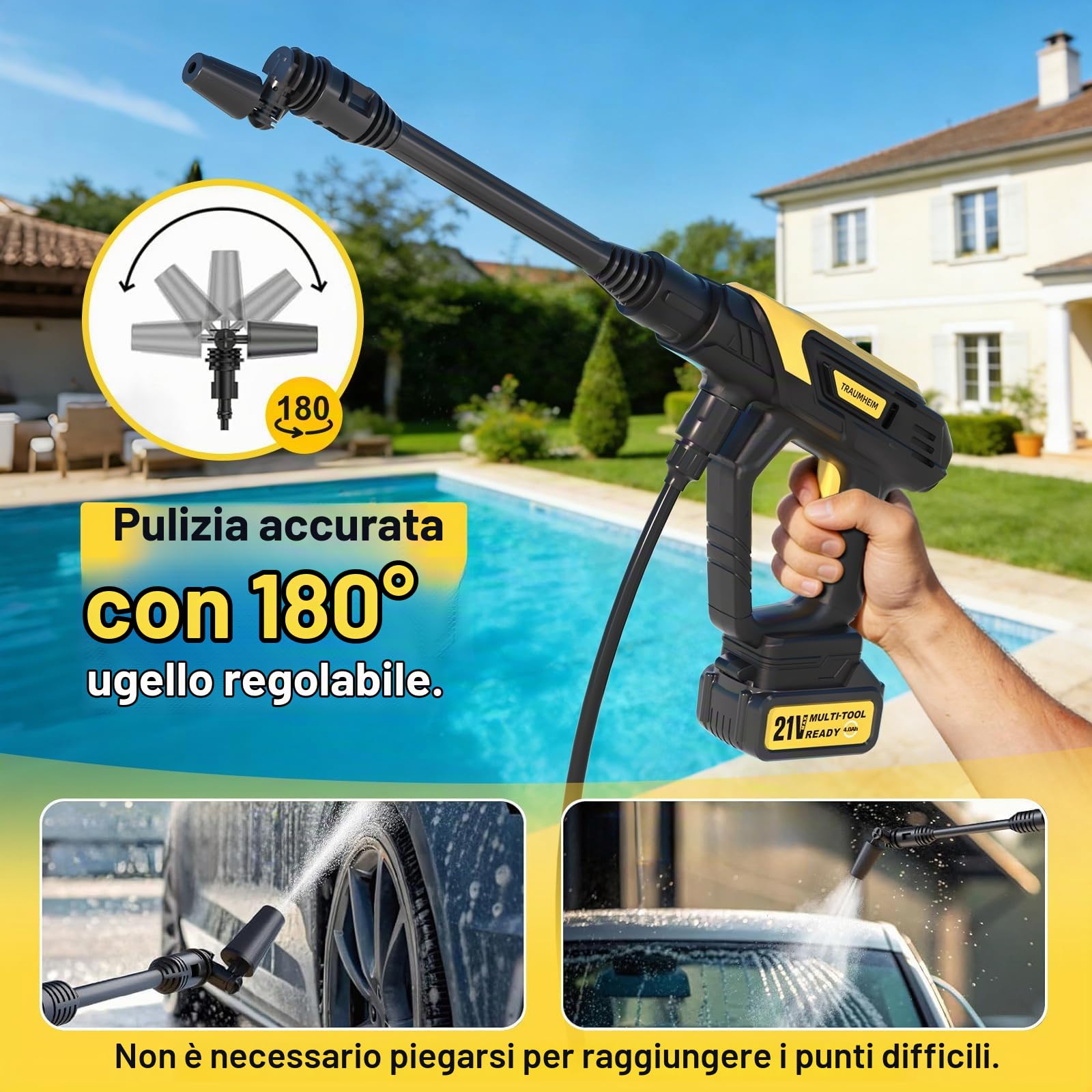 Idropulitrice a Batteria 21V/68Bar/990PSI - 2x 4000mAh Batterie, Set Completo 17 Pezzi con Barra Estensibile, Ugello 6 in 1 & Rotabile 180° – Ideale per Auto, Terrazza e Giardino